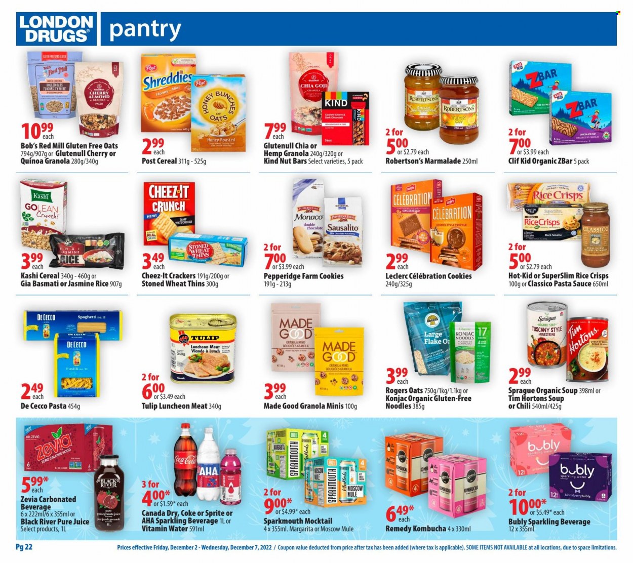 thumbnail - London Drugs Flyer - December 02, 2022 - December 07, 2022 - Sales products - cookies, gingerbread, chocolate, truffles, Celebration, crackers, biscuit, dark chocolate, Thins, Cheez-It, rice crisps, pasta sauce, soup, cereals, rolled oats, nut bar, basmati rice, rice, spaghetti, jasmine rice, noodles, Classico, Canada Dry, Coca-Cola, Sprite, juice, soda, sparkling water, vitamin water, kombucha, eggnog, Sharp, granola, quinoa. Page 22.