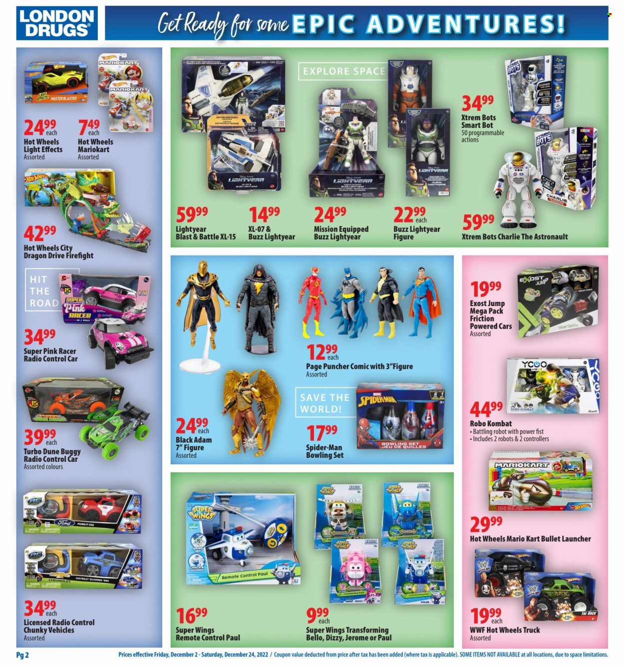 thumbnail - London Drugs Flyer - December 02, 2022 - December 24, 2022 - Sales products - Hot Wheels, Spiderman, radio, remote control, bed, control cars, toys, Super Wings, buggy, robot. Page 2.