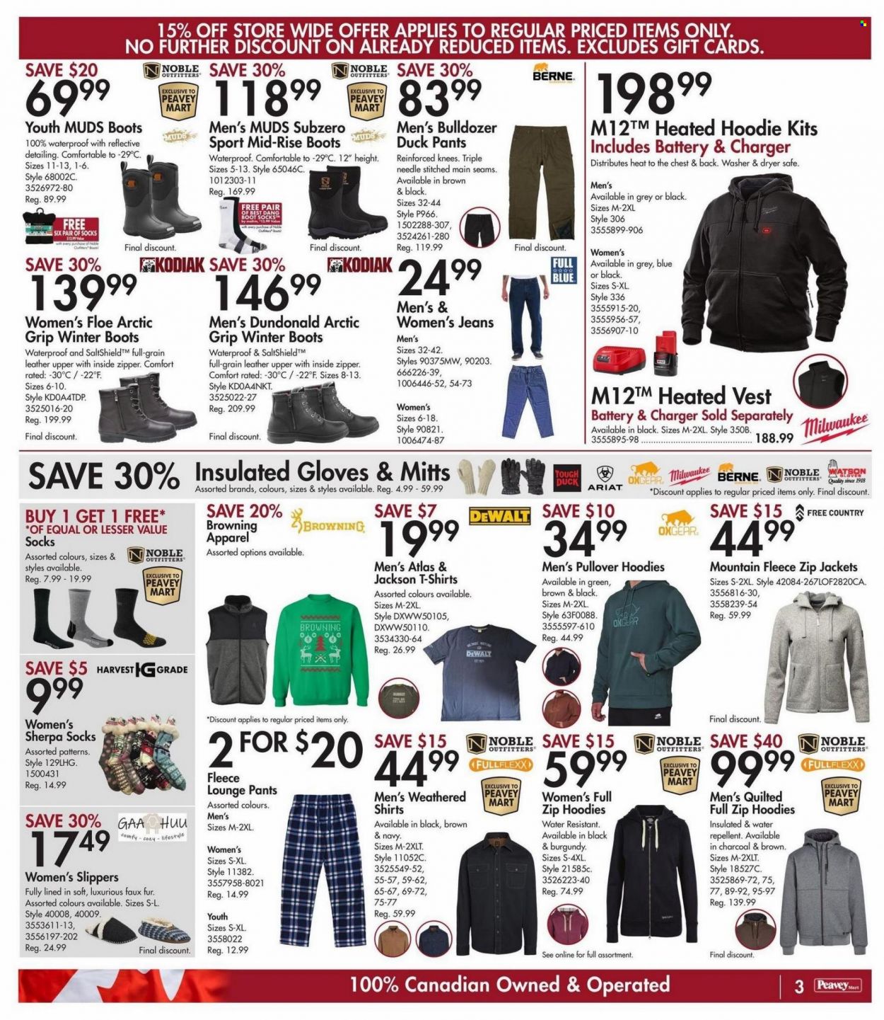 thumbnail - Peavey Mart Flyer - December 02, 2022 - December 08, 2022 - Sales products - hoodie, jacket, pants, t-shirt, vest, sherpa, pullover, socks, boots, DeWALT, slippers, winter boots, Milwaukee, Browning, jeans. Page 3.