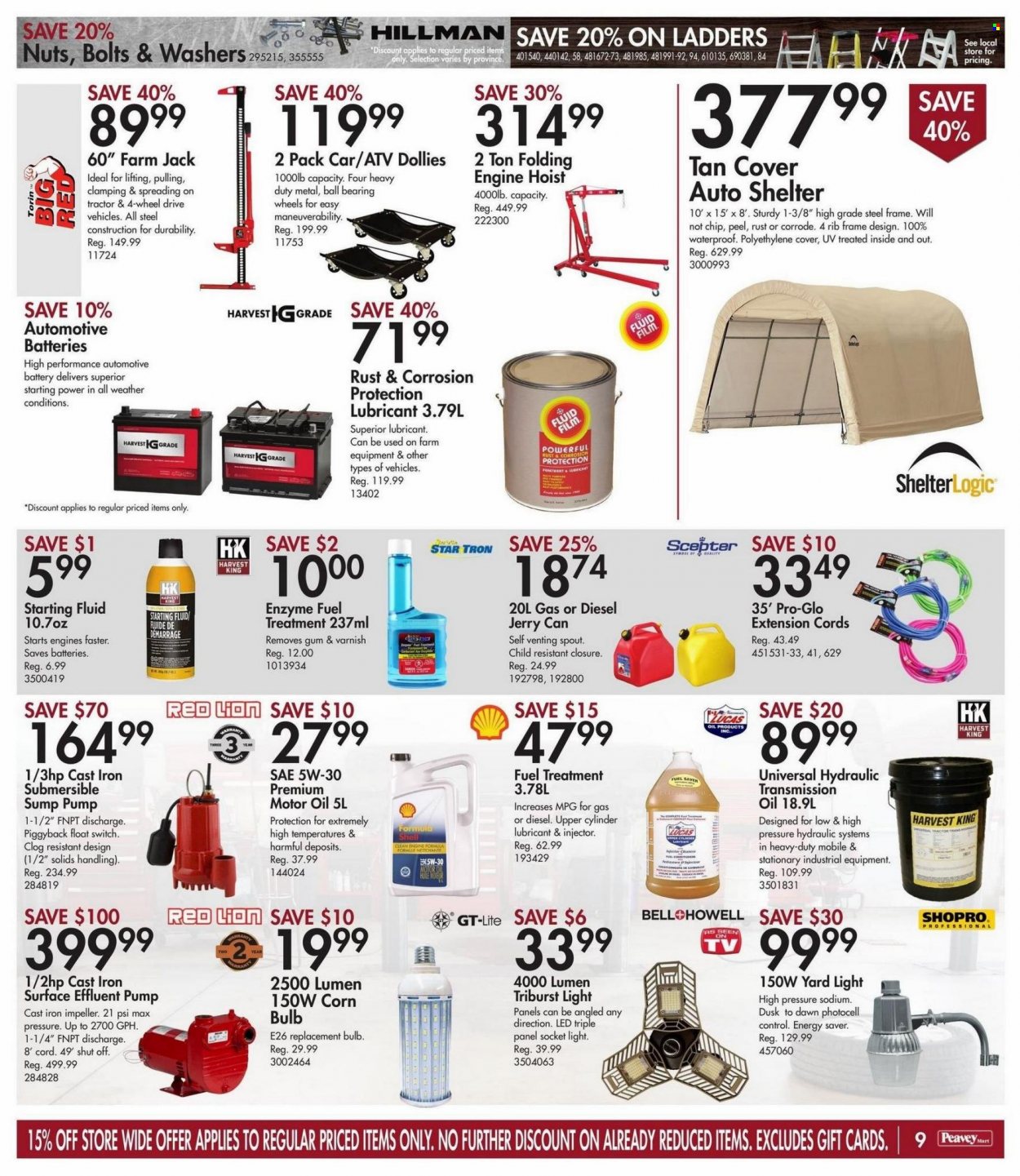 thumbnail - Peavey Mart Flyer - December 02, 2022 - December 08, 2022 - Sales products - battery, bulb, switch, socket, tractor, washers, pump, automotive batteries, Lucas, motor oil, Shell, fuel supplement, starting fluid, jerry can. Page 9.