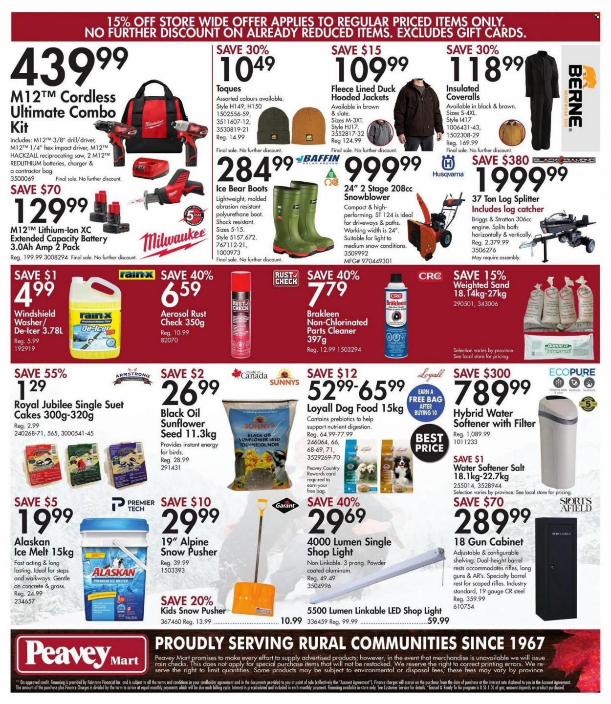 thumbnail - Peavey Mart Flyer - December 02, 2022 - December 08, 2022 - Sales products - animal food, dog food, suet, suet cakes, jacket, boots, shop light, water softener, Milwaukee, drill, impact driver, saw, Husqvarna, reciprocating saw, snow blower, log splitter, combo kit, cabinet, plant seeds, ice melter, cleaner, washer fluid, Rain-X, rifle, gun, Canon. Page 12.