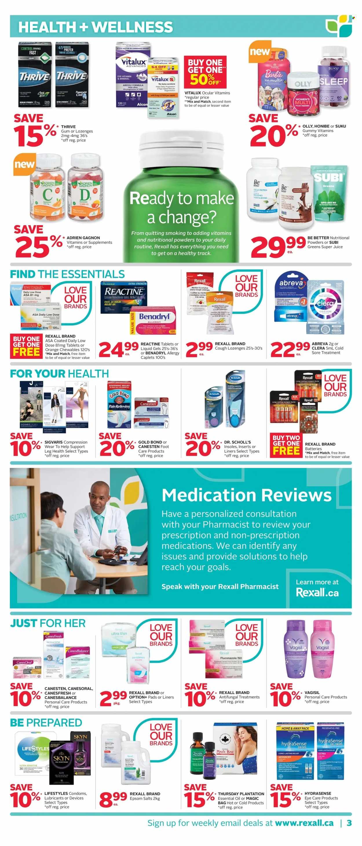 thumbnail - Rexall Flyer - December 02, 2022 - December 08, 2022 - Sales products - pastilles, juice, pantiliners, sanitary pads, Abreva, Clinique, lubricant, bag, foot care, Barbie, battery, nicotine therapy, Low Dose, lenses, Dr. Scholl's, contact lenses, compression wear. Page 4.