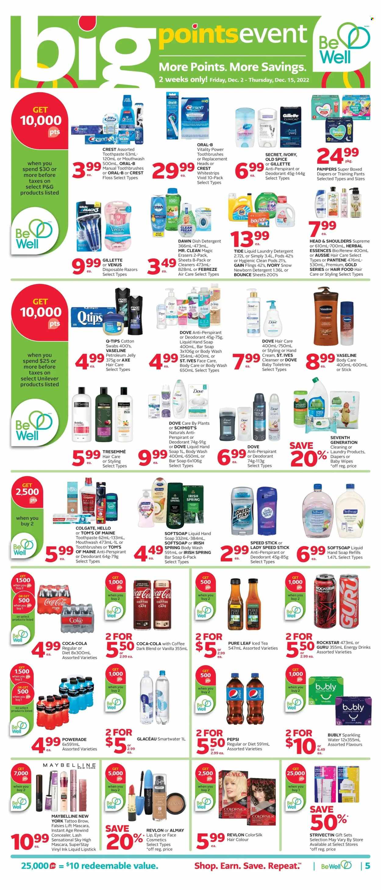 thumbnail - Rexall Flyer - December 02, 2022 - December 08, 2022 - Sales products - Dove, spice, Coca-Cola, Powerade, Pepsi, energy drink, ice tea, Rockstar, sparkling water, Smartwater, Pure Leaf, wipes, pants, baby wipes, nappies, baby pants, petroleum jelly, Febreze, Gain, Tide, laundry detergent, Bounce, dishwasher cleaner, body wash, Softsoap, hand soap, Vaseline, soap bar, soap, toothpaste, mouthwash, Crest, Almay, cleanser, Gillette, Aussie, Revlon, TRESemmé, hair color, Herbal Essences, hand cream, anti-perspirant, Speed Stick, Axe, Venus, disposable razor, corrector, lipstick, mascara, Maybelline, detergent, Colgate, Head & Shoulders, Pampers, Pantene, Old Spice, Oral-B, deodorant. Page 6.