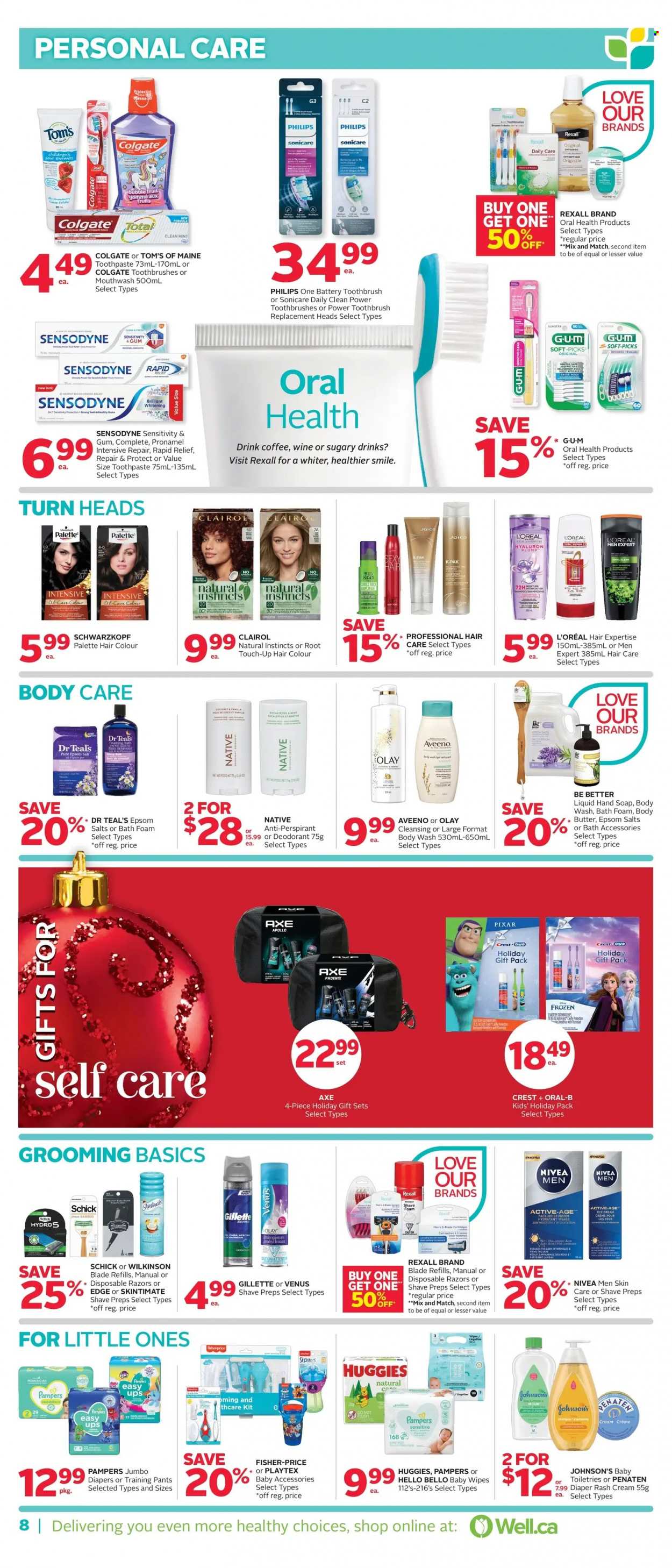thumbnail - Rexall Flyer - December 02, 2022 - December 08, 2022 - Sales products - pants, nappies, Johnson's, baby pants, Aveeno, Nivea, body wash, hand soap, bath foam, soap, toothbrush, toothpaste, mouthwash, Crest, Playtex, Gillette, L’Oréal, moisturizer, Olay, L’Oréal Men, eye cream, Root Touch-Up, Clairol, Palette, hair color, body butter, anti-perspirant, Axe, Schick, Venus, disposable razor, Philips, Colgate, shampoo, Huggies, Pampers, Oral-B, Schwarzkopf, Sensodyne, deodorant. Page 10.