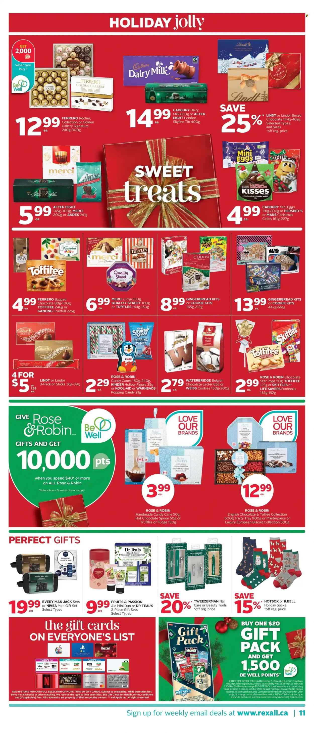 thumbnail - Rexall Flyer - December 02, 2022 - December 08, 2022 - Sales products - cookies, fudge, gift set, gingerbread, candy cane, Mars, truffles, toffee, Godiva, Hershey's, biscuit, After Eight, Cadbury, Merci, Dairy Milk, Skittles, hot chocolate, wine, rosé wine, Nivea, spoon, socks, Lindt, Lindor, Ferrero Rocher. Page 15.