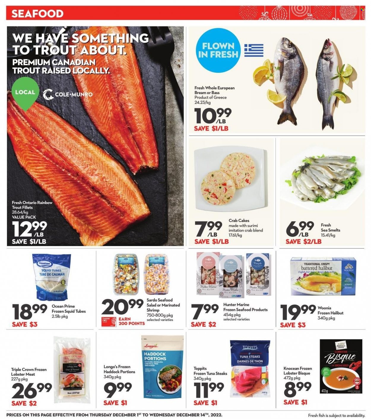 thumbnail - Longo's Flyer - December 01, 2022 - December 14, 2022 - Sales products - lobster, squid, trout, tuna, haddock, halibut, seafood, fish, shrimps, crab cake, seafood salad, steak. Page 6.