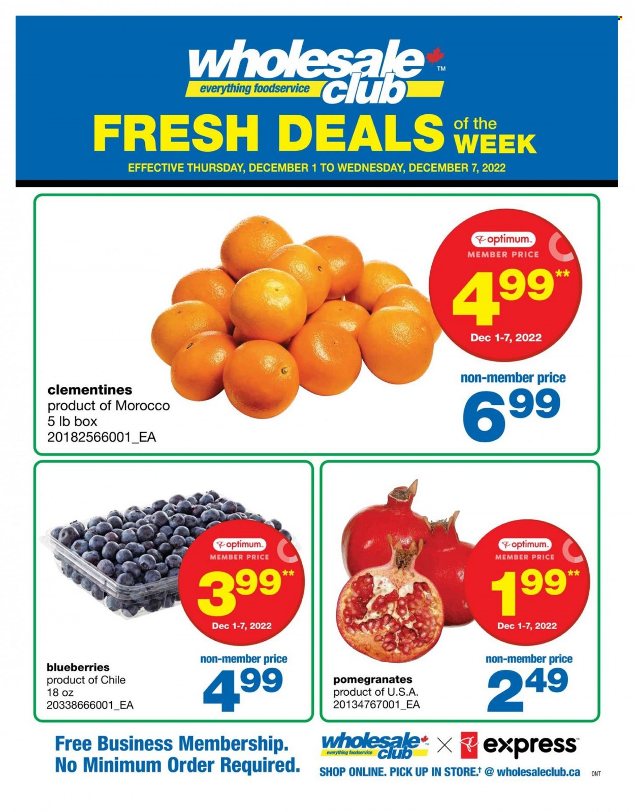 thumbnail - Wholesale Club Flyer - December 01, 2022 - December 07, 2022 - Sales products - blueberries, clementines, pomegranate. Page 1.