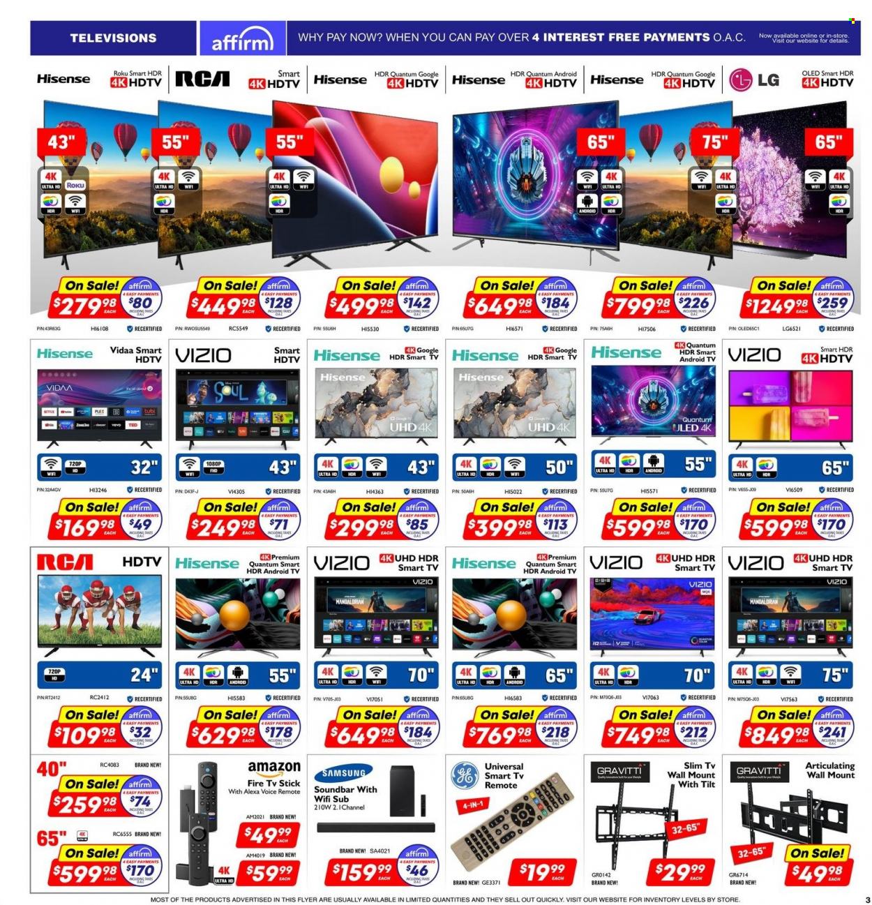 thumbnail - Factory Direct Flyer - December 01, 2022 - December 06, 2022 - Sales products - Vizio, Amazon Fire, cake, pin, Samsung, Hisense, RCA, Android TV, UHD TV, ultra hd, HDTV, sound bar, Fire TV Stick, tv wall mount, TV stick, LG. Page 3.