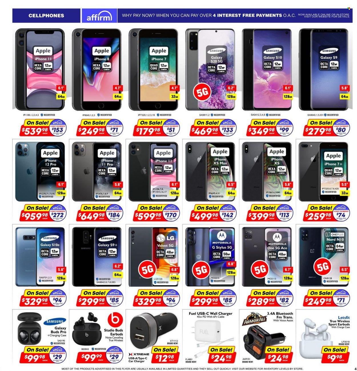 thumbnail - Factory Direct Flyer - December 01, 2022 - December 06, 2022 - Sales products - Apple, Samsung Galaxy, cake, Ace, wall charger, Samsung, iPhone, mobile phone, iPhone 12, Samsung Galaxy S, OnePlus, Samsung Galaxy S9, Samsung Galaxy S10, iPhone 12 Pro, iPhone XS max, earbuds, camera, Motorola, iPhone 7, iPhone 8, iPhone XS. Page 4.