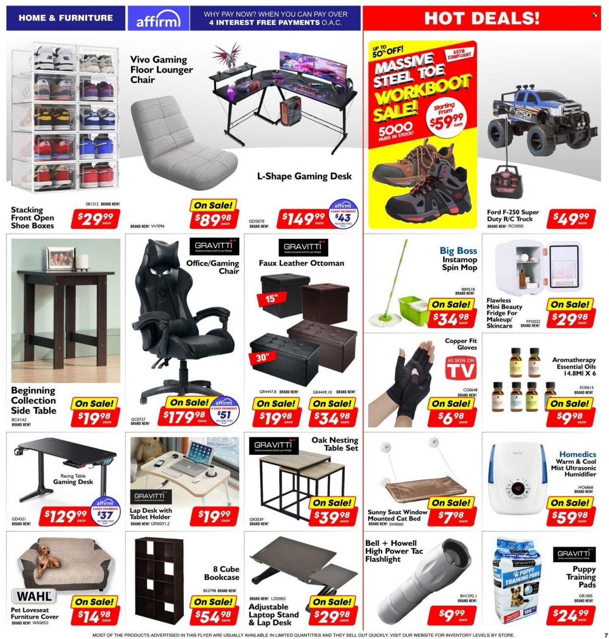 thumbnail - Factory Direct Flyer - December 01, 2022 - December 06, 2022 - Sales products - chair, gaming desk, holder, gloves, spin mop, mop, essential oils, training pet pads, cat bed, training pads, Vivo, laptop, lapdesk, refrigerator, fridge, humidifier, loveseat, table, flashlight. Page 7.