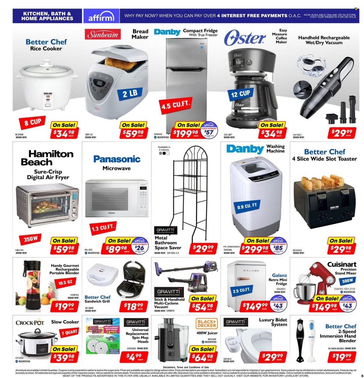 thumbnail - Factory Direct Flyer - December 01, 2022 - December 06, 2022 - Sales products - Sure, spin mop, mop, pot, rice cooker, cup, Cuisinart, Danby, refrigerator, fridge, microwave, washing machine, coffee machine, vacuum cleaner, Black & Decker, mixer, slow cooker, stand mixer, air fryer, CrockPot, hand blender, juicer, grill, Panasonic, toaster. Page 8.