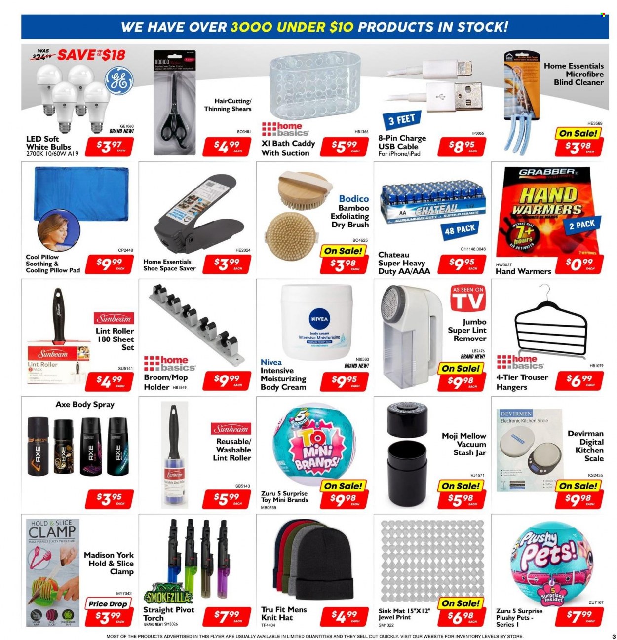 thumbnail - Factory Direct Flyer - December 01, 2022 - December 06, 2022 - Sales products - iPad, scale, Zuru 5 Surprise, cleaner, Nivea, body spray, Axe, holder, hanger, broom, bath caddy, kitchen scale, pin, lint roller, bulb, pillow, Sunbeam, iPhone, dishwasher, roller, toys, torch. Page 3.
