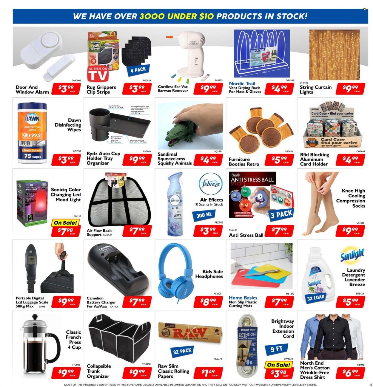 thumbnail - Factory Direct Flyer - December 01, 2022 - December 06, 2022 - Sales products - scale, Febreze, wipes, laundry detergent, Sunlight, Lenor, luggage scale, drying rack, gloves, tray, cup, eraser, battery charger, curtain, alarm, headphones, French press, socks, compression stockings, detergent, shirt. Page 5.