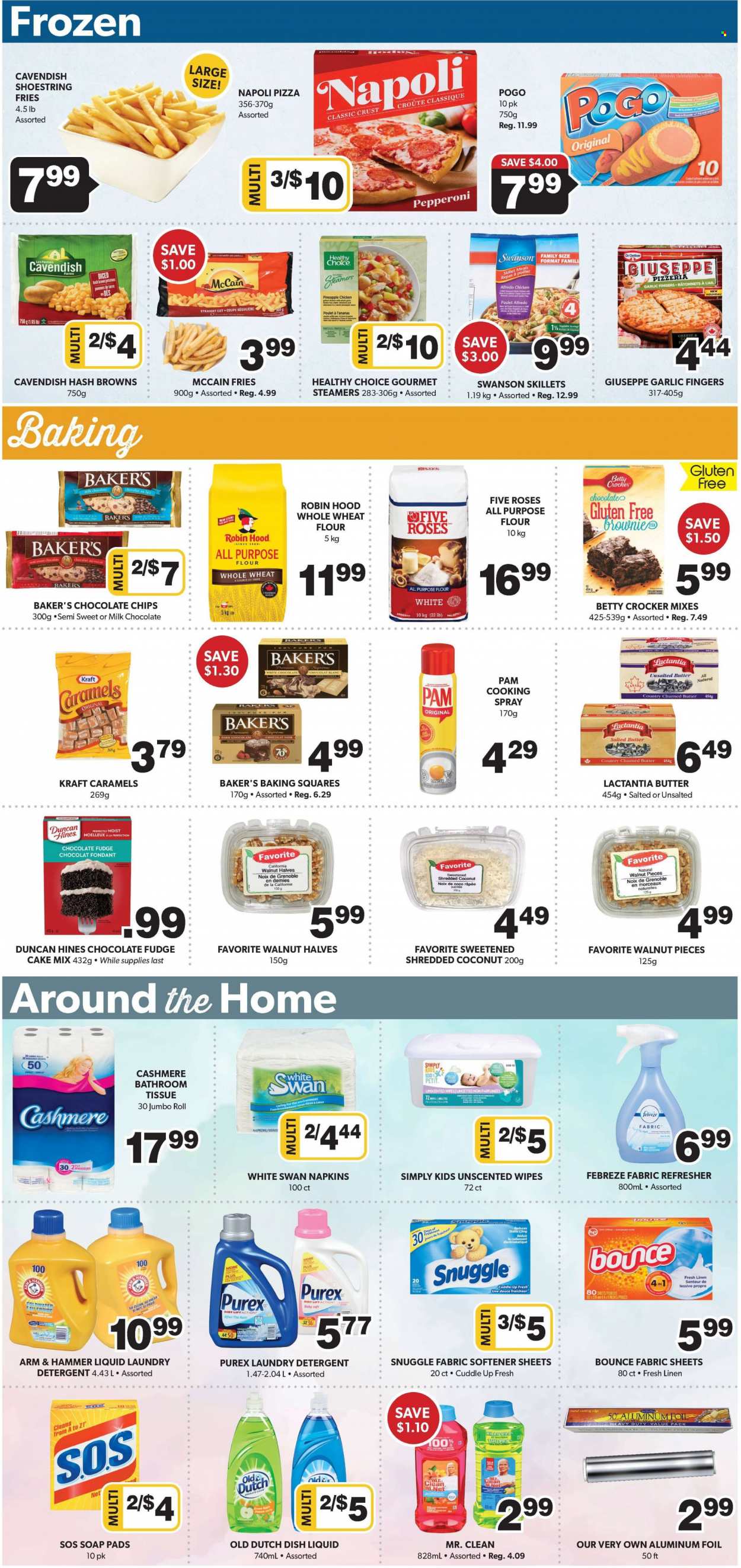 thumbnail - Colemans Flyer - December 01, 2022 - December 07, 2022 - Sales products - brownies, cake mix, garlic, potatoes, pineapple, coconut, pizza, sauce, Healthy Choice, Kraft®, pepperoni, Dr. Oetker, salted butter, McCain, hash browns, potato fries, fudge, milk chocolate, dark chocolate, all purpose flour, ARM & HAMMER, flour, cooking spray, walnuts, shredded coconut, Fanta, wipes, napkins, Baby Soft, bath tissue, Febreze, Snuggle, fabric softener, laundry detergent, Bounce, Purex, soap, refresher, Absolute, detergent. Page 6.