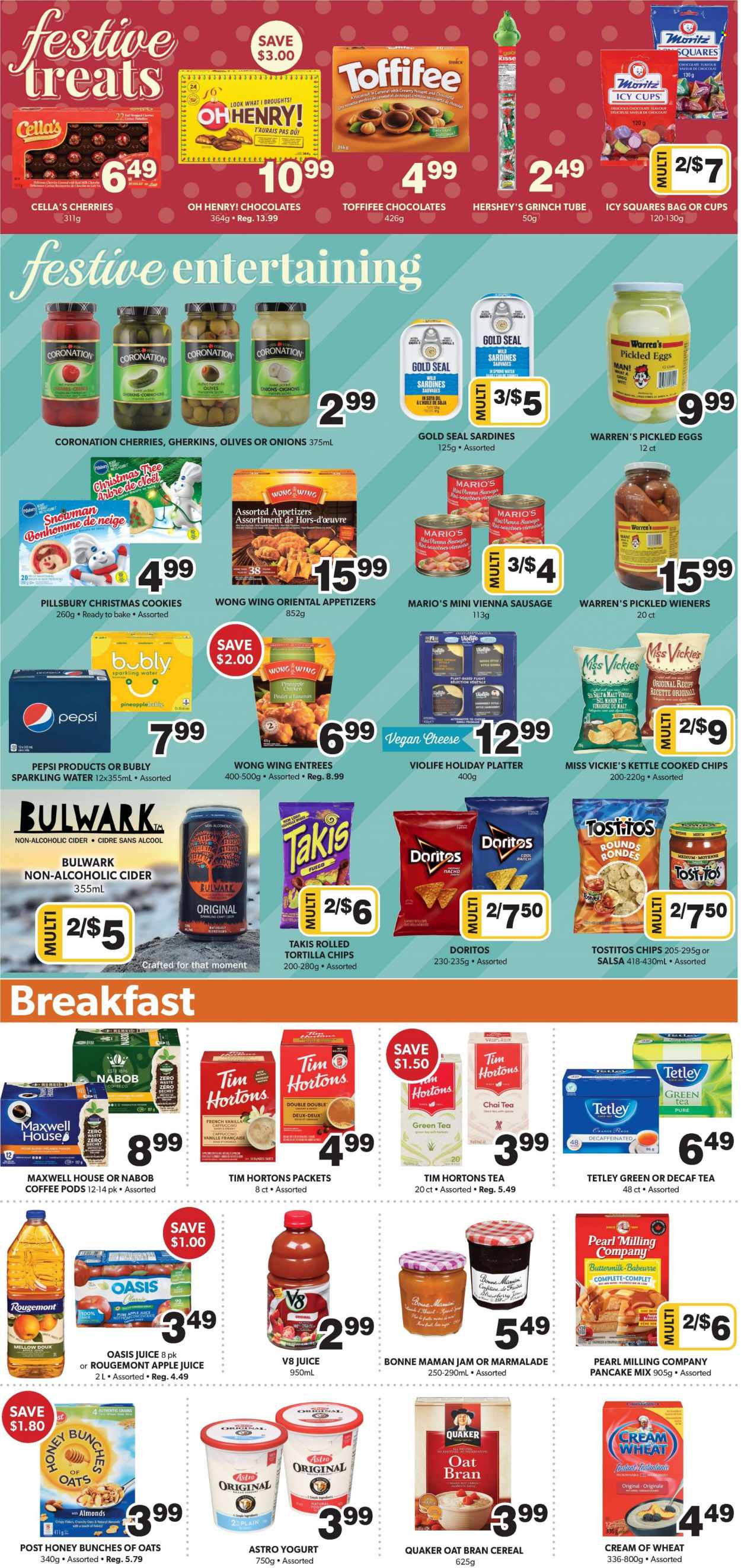 thumbnail - Colemans Flyer - December 01, 2022 - December 07, 2022 - Sales products - corn, onion, pineapple, oranges, sardines, pancakes, Pillsbury, spring rolls, Quaker, sausage, vienna sausage, gouda, cheese, yoghurt, buttermilk, eggs, Hershey's, cookies, biscuit, Doritos, tortilla chips, chips, Tostitos, Maraschino cherries, cereals, Cream of Wheat, caramel, salsa, soya oil, oil, fruit jam, apple juice, Pepsi, juice, spring water, sparkling water, green tea, Maxwell House, tea bags, cappuccino, coffee, coffee pods, cider, pot, camembert, olives, nougat. Page 7.