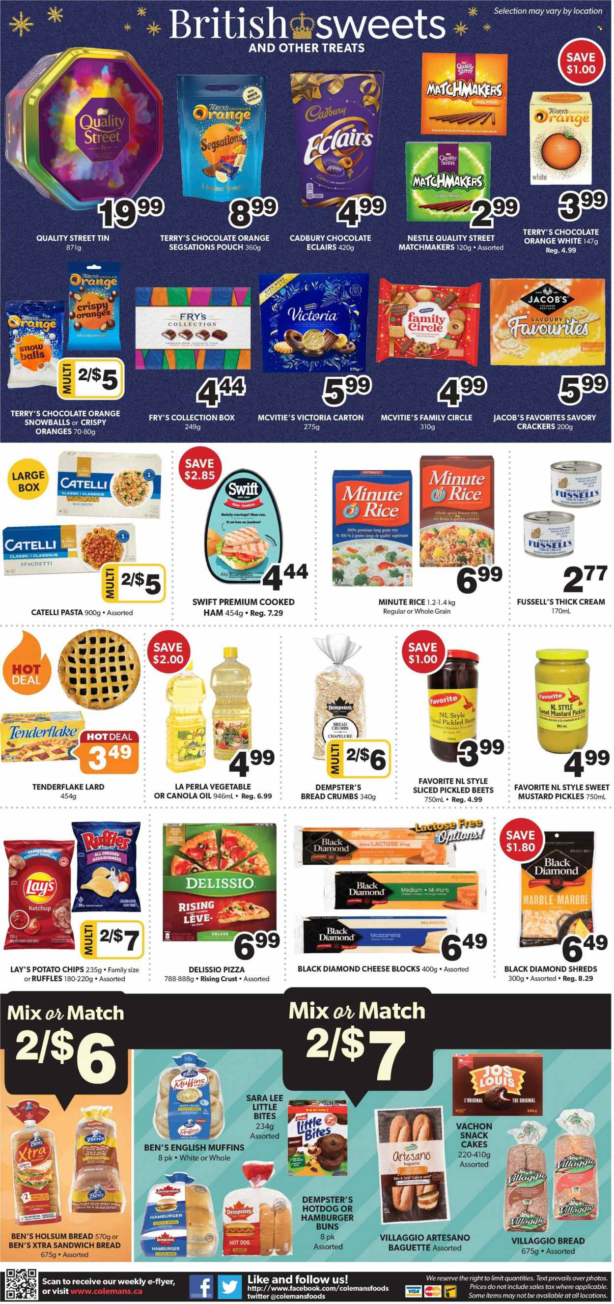 thumbnail - Colemans Flyer - December 01, 2022 - December 07, 2022 - Sales products - baguette, english muffins, hot dog rolls, rice bread, buns, burger buns, Sara Lee, dessert, éclairs, breadcrumbs, spaghetti, pizza, macaroni, pasta, cooked ham, cheese, lard, crackers, Cadbury, Little Bites, snack cake, sweets, potato chips, Lay’s, Ruffles, pickles, pickled vegetables, brown rice, mint, ketchup, canola oil, vegetable oil, oil, XTRA, Nestlé. Page 8.