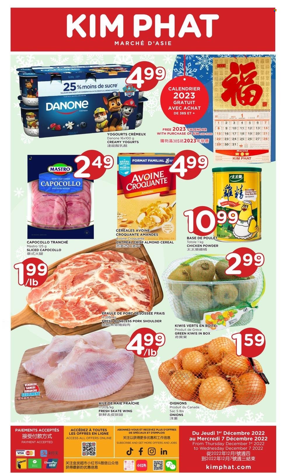 thumbnail - Kim Phat Flyer - December 01, 2022 - December 07, 2022 - Sales products - soup, oatmeal, cereals, pork meat, pork shoulder, kiwi, Danone. Page 1.