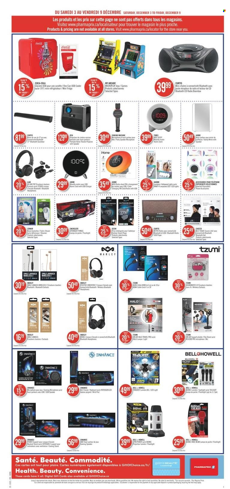 thumbnail - Pharmaprix Flyer - December 03, 2022 - December 09, 2022 - Sales products - USB charger, Coca-Cola, clock, alarm clock, spotlight, keyboard, alarm, phone, spin power, radio, home theater, speaker, sound bar, microphone, headset, headphones, earbuds, fabric shaver, vanity, Energizer. Page 9.