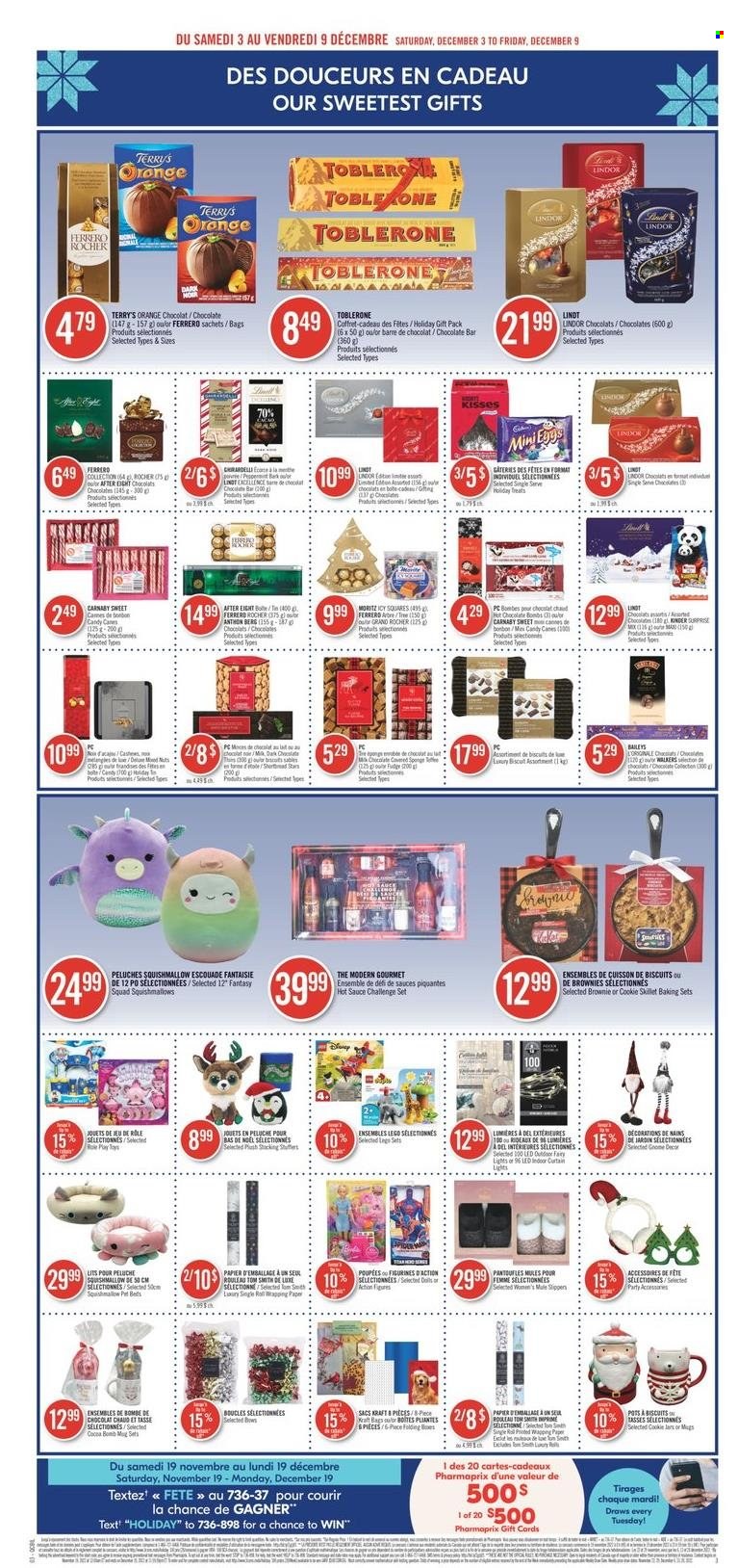 thumbnail - Pharmaprix Flyer - December 03, 2022 - December 09, 2022 - Sales products - brownies, oranges, Kraft®, fudge, biscuit, Toblerone, After Eight, chocolate bar, hot sauce, Baileys, cashews, hot chocolate, bag, sponge, mug, pot, jar, wrapping paper, curtain, doll, LEGO, Squishmallows, Lindt, Lindor, Ferrero Rocher. Page 14.