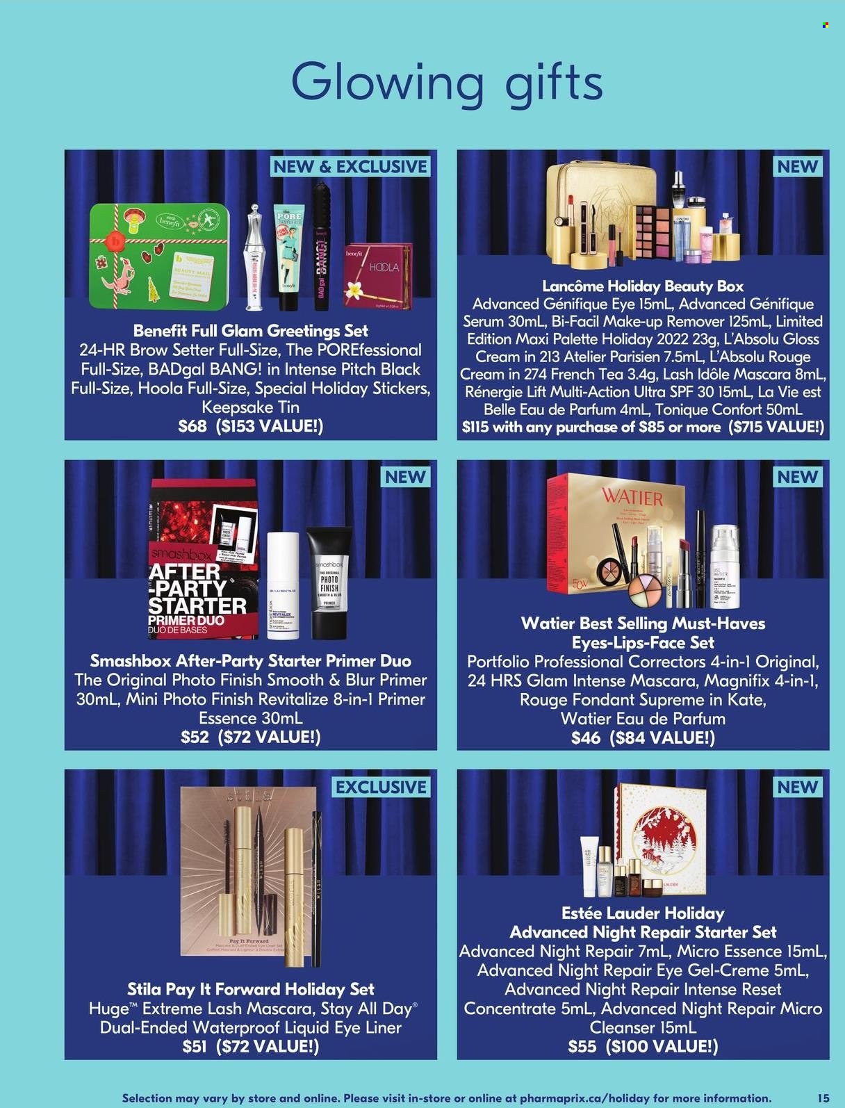 thumbnail - Pharmaprix Flyer - November 25, 2022 - December 22, 2022 - Sales products - tea, cleanser, Estée Lauder, eye gel, Lancôme, serum, Palette, eau de parfum, beauty box, makeup, mascara, eyeliner, sticker. Page 13.