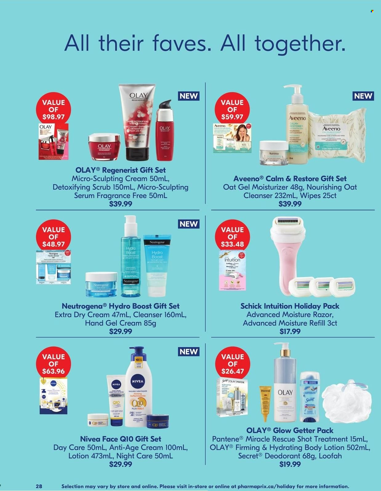 thumbnail - Pharmaprix Flyer - November 25, 2022 - December 22, 2022 - Sales products - gift set, oats, Boost, wipes, Aveeno, Nivea, cleanser, gel cream, moisturizer, serum, Olay, body lotion, hand gel, anti-perspirant, razor, Schick, Neutrogena, Pantene, deodorant. Page 26.