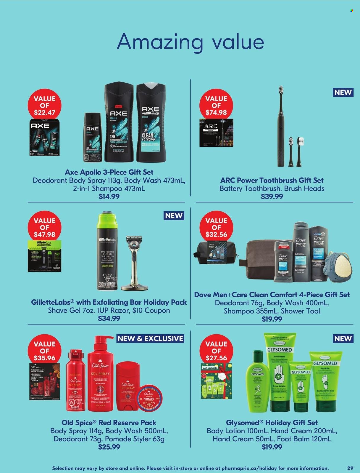 thumbnail - Pharmaprix Flyer - November 25, 2022 - December 22, 2022 - Sales products - Dove, gift set, spice, body wash, toothbrush, body lotion, body spray, hand cream, anti-perspirant, Axe, razor, shave gel, shampoo, Old Spice, deodorant. Page 27.