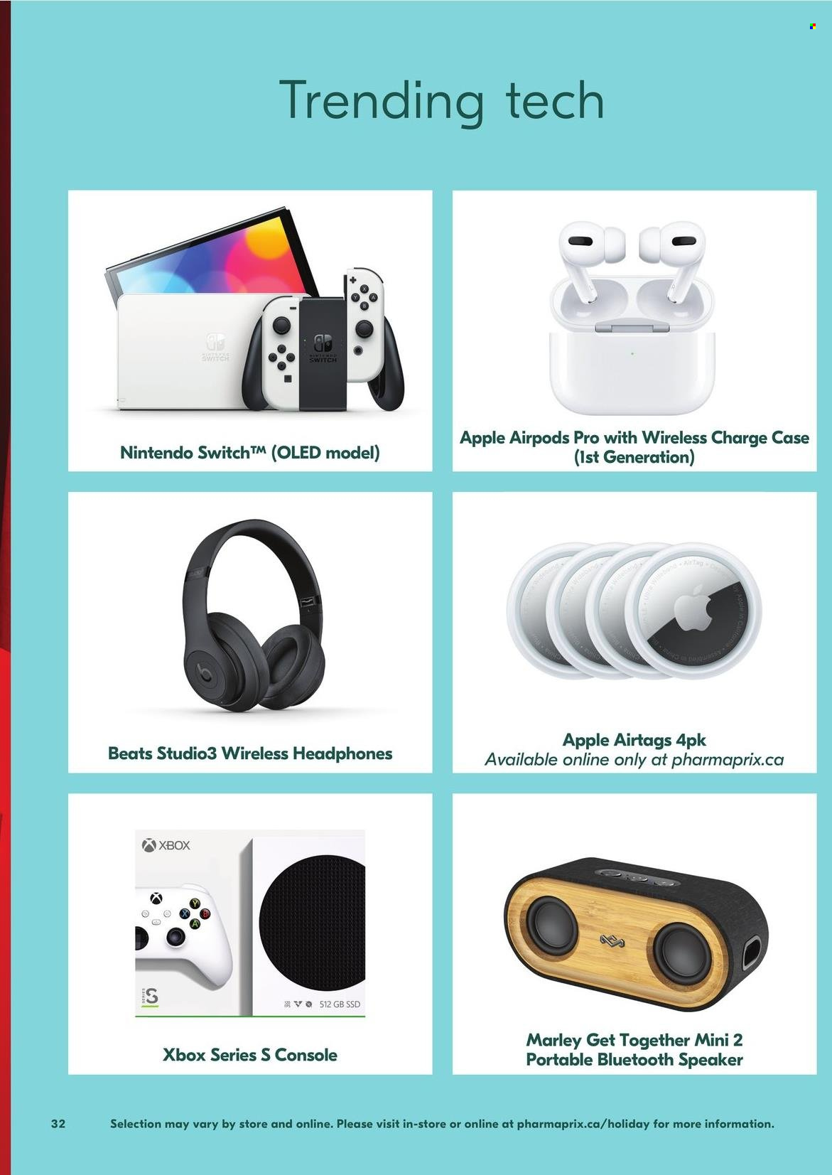 thumbnail - Pharmaprix Flyer - November 25, 2022 - December 22, 2022 - Sales products - Nintendo Switch, Apple, Beats, speaker, bluetooth speaker, wireless headphones, headphones, Airpods, Apple AirPods Pro, Xbox. Page 30.