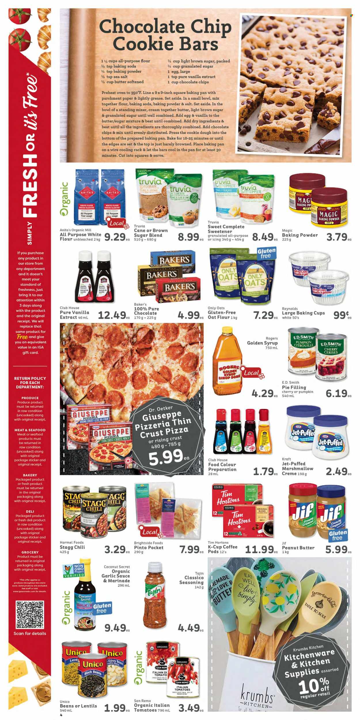 thumbnail - IGA Simple Goodness Flyer - December 02, 2022 - December 08, 2022 - Sales products - cherries, coconut, seafood, pizza, Kraft®, Hormel, pepperoni, Dr. Oetker, eggs, cookie dough, marshmallows, bicarbonate of soda, flour, granulated sugar, pie filling, oats, vanilla extract, sweetener, black beans, lentils, spice, marinade, garlic sauce, Classico, peanut butter, syrup, Jif, coffee, coffee capsules, K-Cups, Keurig. Page 4.