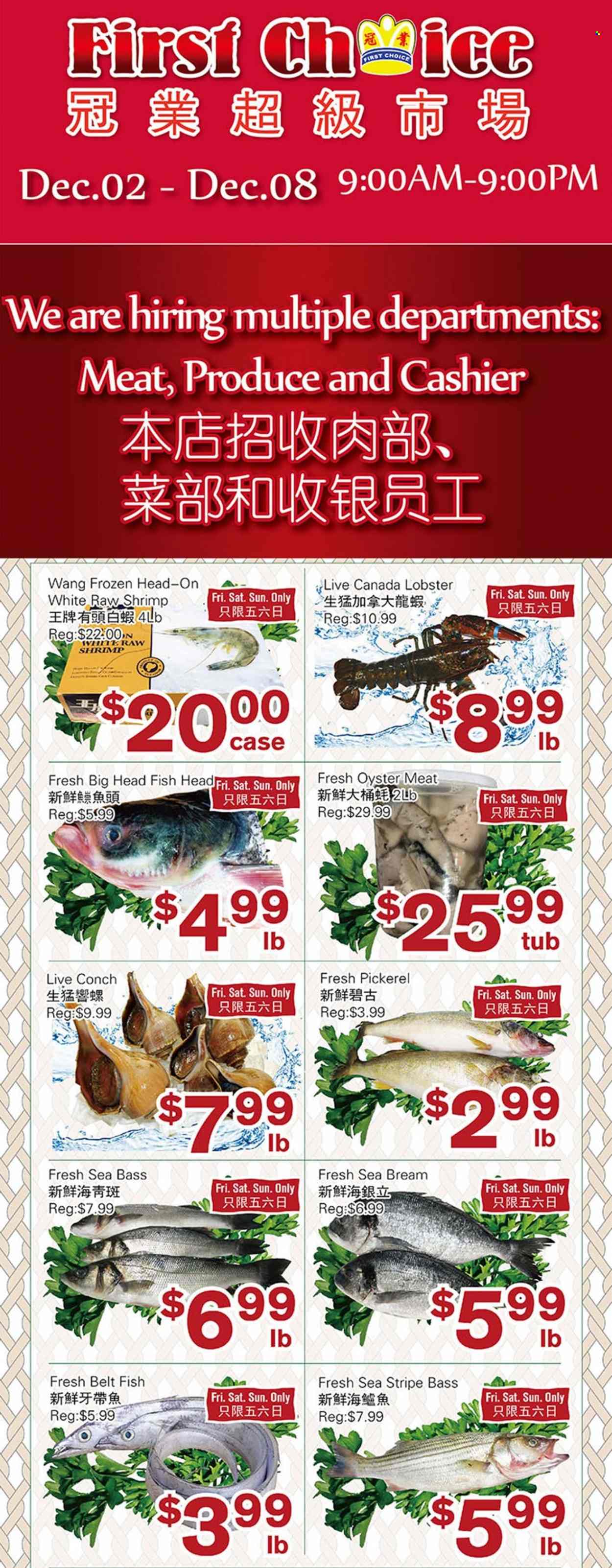 thumbnail - First Choice Supermarket Flyer - December 02, 2022 - December 08, 2022 - Sales products - lobster, sea bass, oysters, fish, seabream, shrimps, walleye. Page 1.