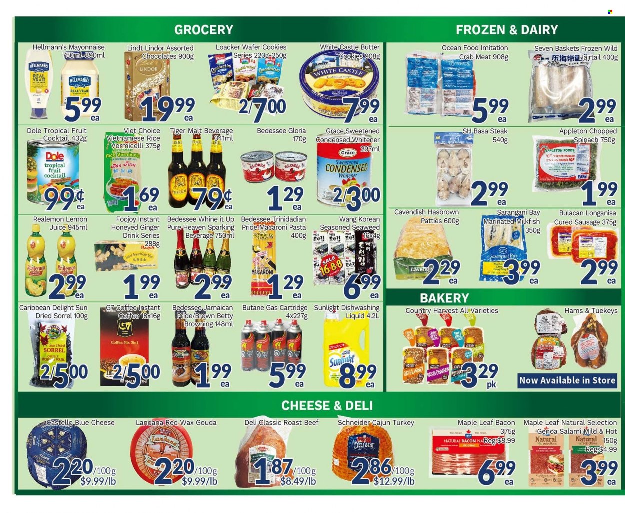 thumbnail - Oceans Flyer - December 02, 2022 - December 08, 2022 - Sales products - ginger, spinach, Dole, crab meat, crab, milkfish, macaroni, pasta, bacon, salami, sausage, blue cheese, gouda, mayonnaise, Hellmann’s, Country Harvest, cookies, wafers, chocolate, butter cookies, seaweed, malt, rice, rice vermicelli, honey, lemon juice, tea, coffee, instant coffee, Castle, beef meat, roast beef, Sunlight, steak, Lindt, Lindor. Page 3.