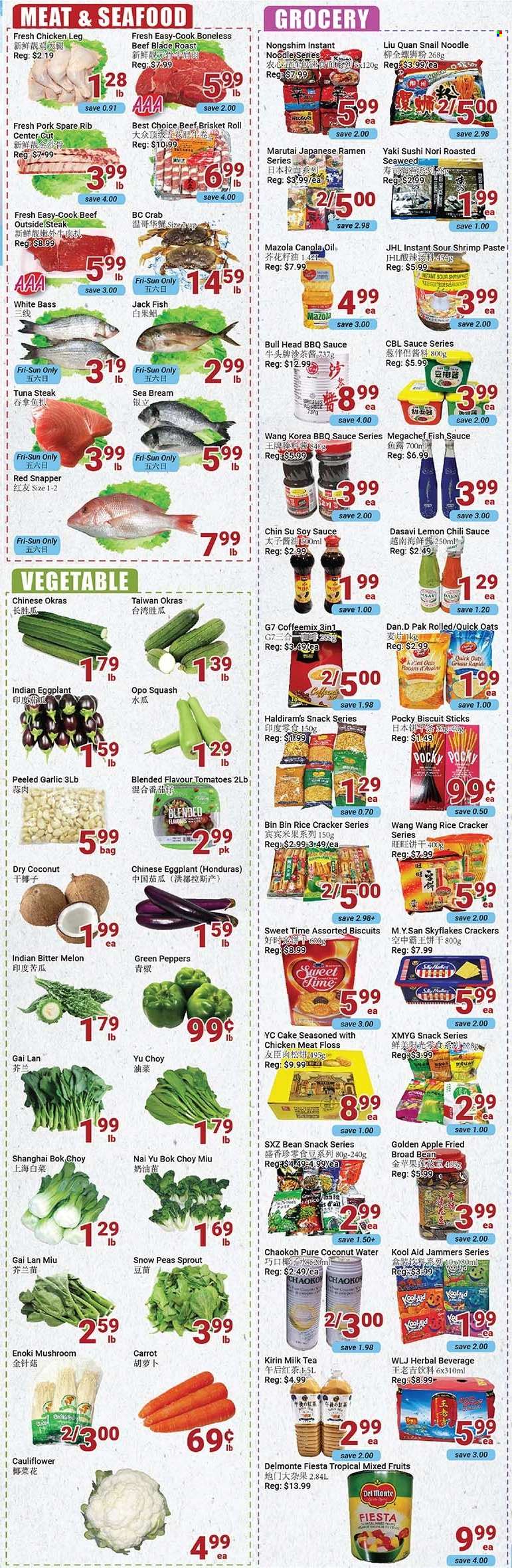thumbnail - Oceans Flyer - December 02, 2022 - December 08, 2022 - Sales products - mushrooms, cake, bok choy, garlic, tomatoes, peas, peppers, eggplant, melons, red snapper, tuna, seafood, crab, fish, seabream, shrimps, ramen, sauce, noodles, milk, snow peas, snack, crackers, biscuit, Skyflakes, rice crackers, oats, seaweed, tuna steak, Del Monte, Quick Oats, rice, BBQ sauce, fish sauce, soy sauce, chilli sauce, canola oil, oil, coconut water, tea, chicken legs, chicken, beef meat, beef brisket, kool aid, steak. Page 2.