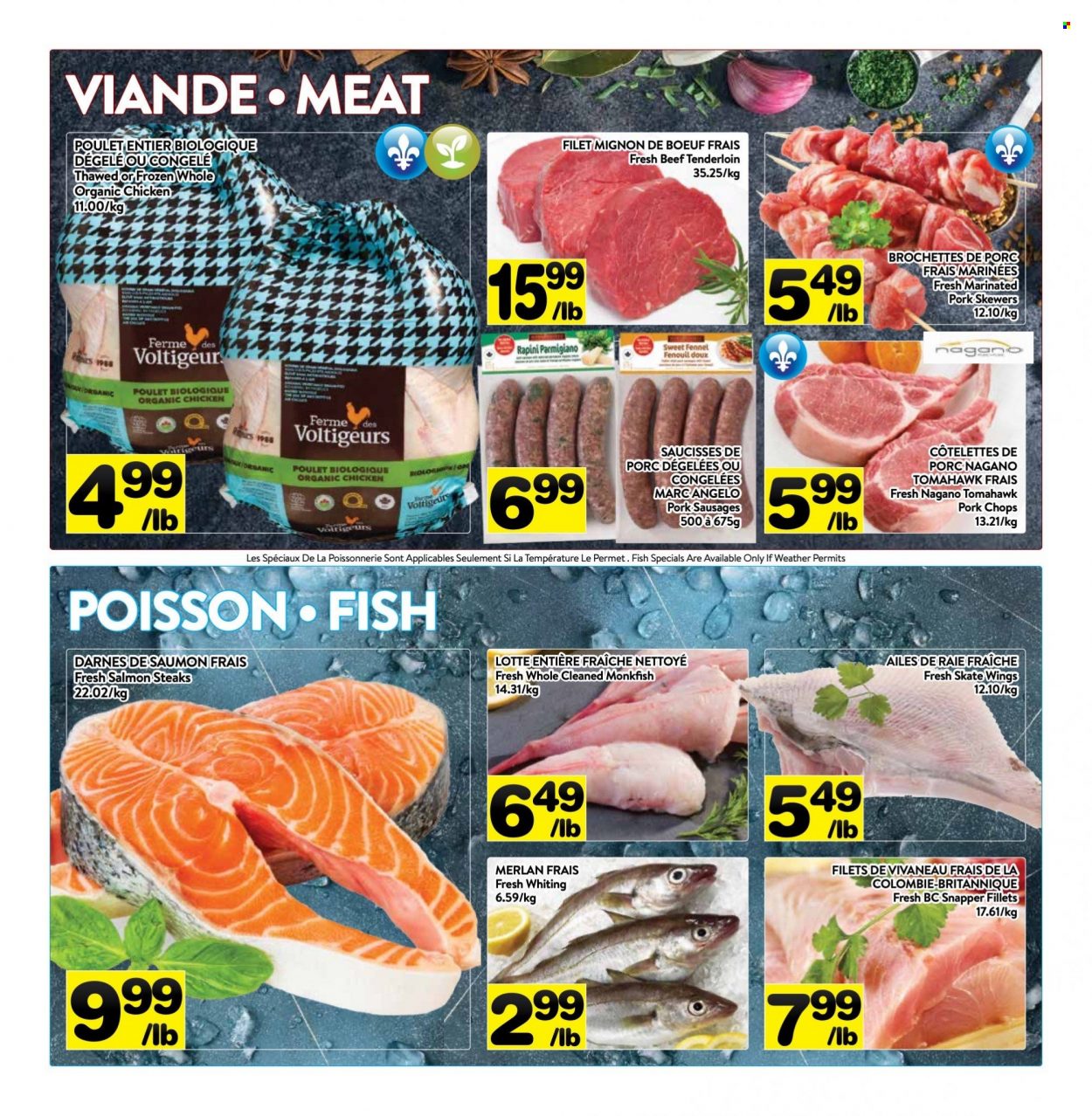 thumbnail - PA Supermarché Flyer - December 05, 2022 - December 11, 2022 - Sales products - monkfish, salmon, fish, whiting, sausage, Parmigiano Reggiano, fennel, beef meat, beef tenderloin, tomahawk steak, pork chops, pork meat, marinated pork, steak. Page 2.