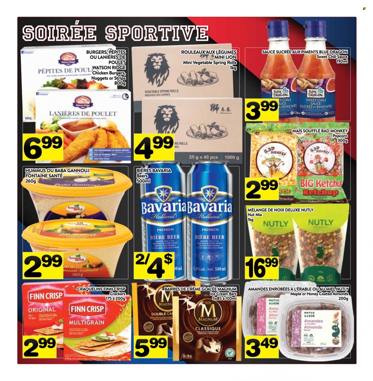thumbnail - PA Supermarché Flyer - December 05, 2022 - December 11, 2022 - Sales products - nuggets, hamburger, sauce, spring rolls, hummus, Magnum, ice cream, ice cream bars, strips, crackers, popcorn, chilli sauce, almonds, mineral water, beer, ketchup. Page 5.