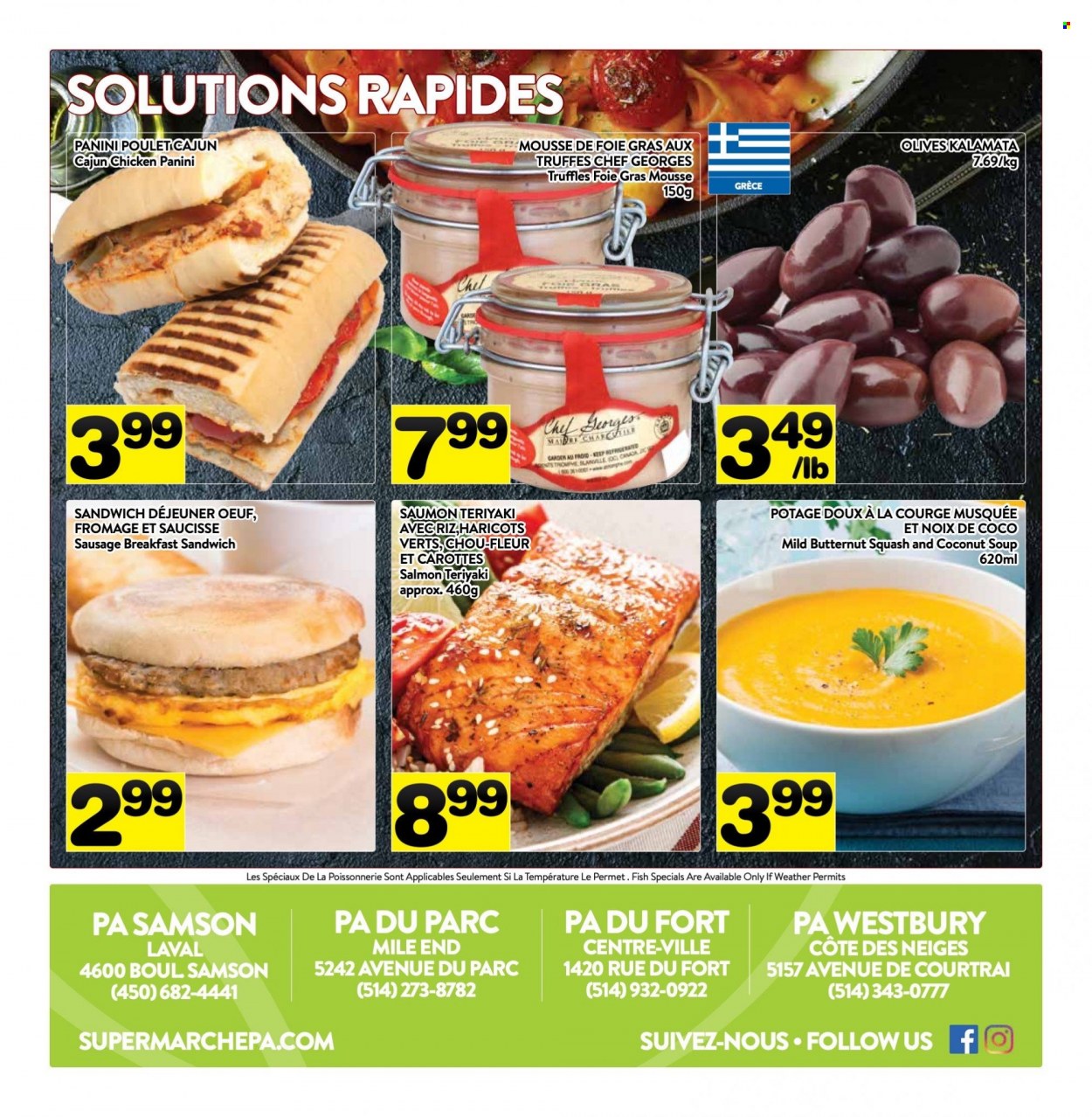 thumbnail - PA Supermarché Flyer - December 05, 2022 - December 11, 2022 - Sales products - panini, butternut squash, coconut, salmon, fish, soup, sausage, foie gras, truffles, olives. Page 7.