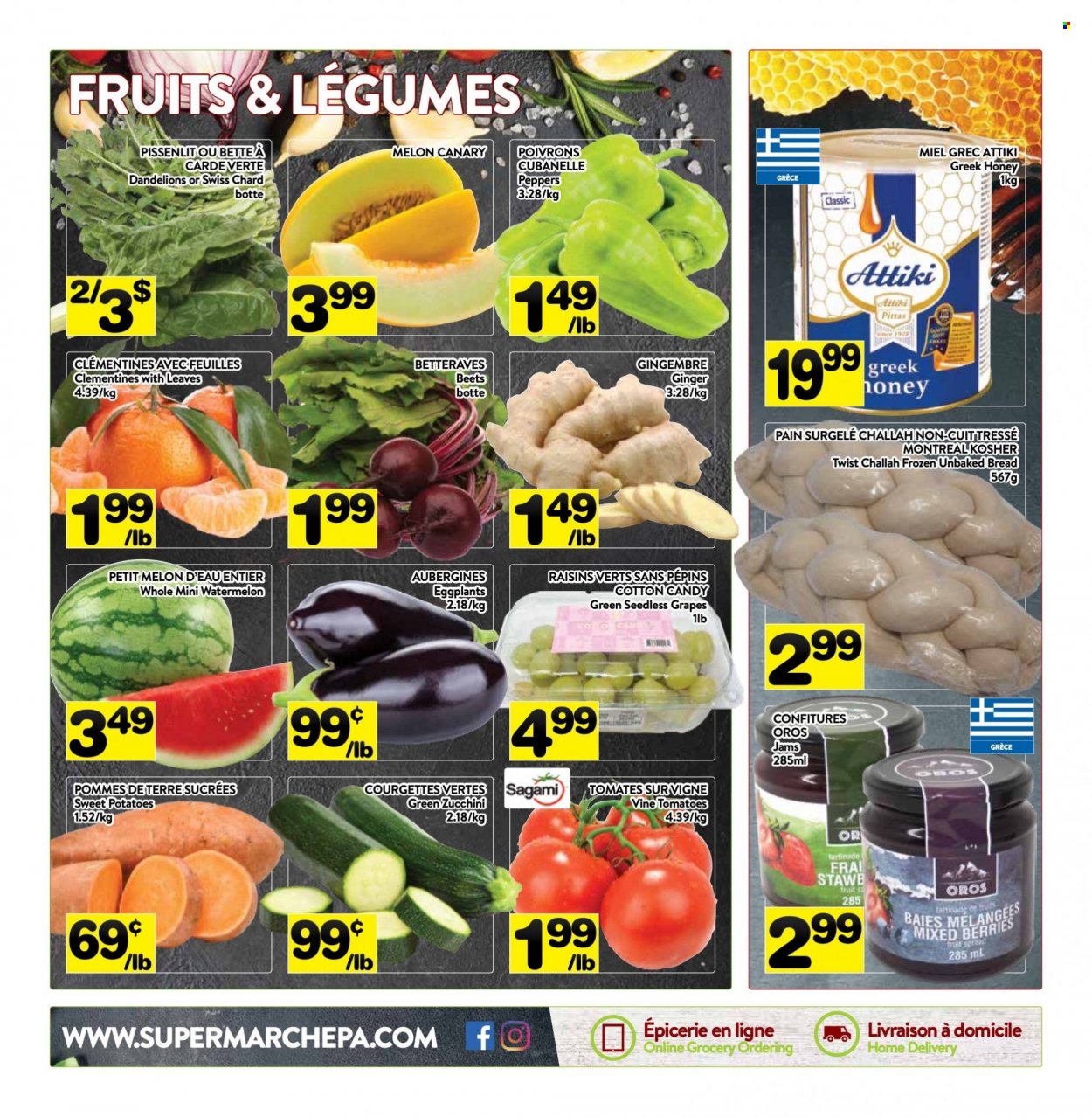thumbnail - PA Supermarché Flyer - December 05, 2022 - December 11, 2022 - Sales products - bread, challah, ginger, sweet potato, zucchini, potatoes, peppers, eggplant, clementines, grapes, seedless grapes, watermelon, melons, cotton candy, honey, dried fruit, Oros, raisins. Page 8.