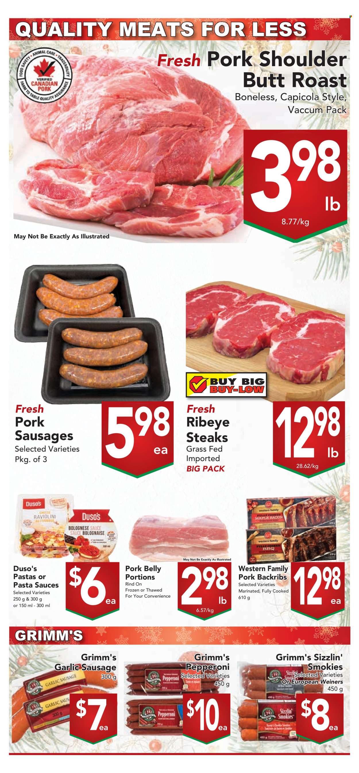 thumbnail - Buy-Low Foods Flyer - December 04, 2022 - December 10, 2022 - Sales products - garlic, pasta sauce, sausage, pepperoni, beef meat, ribeye steak, pork belly, pork meat, pork shoulder, steak. Page 3.