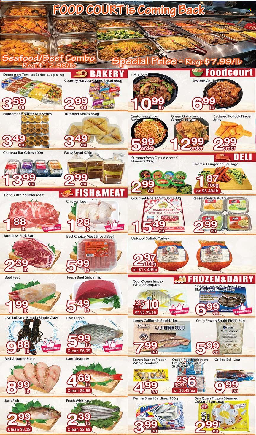 thumbnail - Nations Fresh Foods Flyer - December 02, 2022 - December 08, 2022 - Sales products - bread, tortillas, cake, tart, ginger, crab meat, eel, grouper, lobster, sardines, squid, tilapia, pollock, pompano, seafood, crab, fish, shrimps, abalone, whiting, squid rings, sausage, cheddar, cheese, custard, butter, Country Harvest, chicken legs, beef meat, beef sirloin, camembert, steak. Page 2.