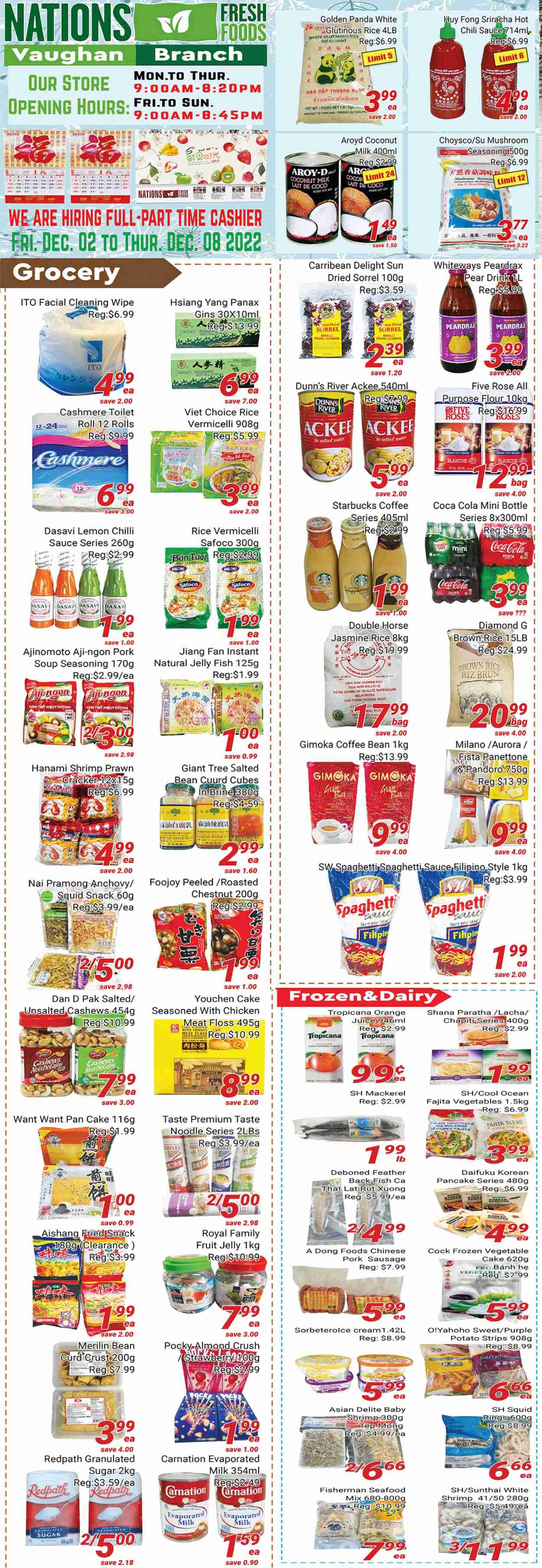 thumbnail - Nations Fresh Foods Flyer - December 02, 2022 - December 08, 2022 - Sales products - cake, pie, panettone, sweet potato, pumpkin, pears, mackerel, squid, seafood, prawns, fish, shrimps, squid rings, spaghetti, soup, sauce, pancakes, noodles, spaghetti sauce, fajita mix, sausage, pork sausage, curd, evaporated milk, strips, snack, jelly, crackers, all purpose flour, flour, granulated sugar, sugar, anchovies, coconut milk, brown rice, rice, jasmine rice, rice vermicelli, spice, sriracha, chilli sauce, cashews, Canada Dry, Coca-Cola, orange juice, juice, coffee, Starbucks, frappuccino, rosé wine, chicken. Page 1.