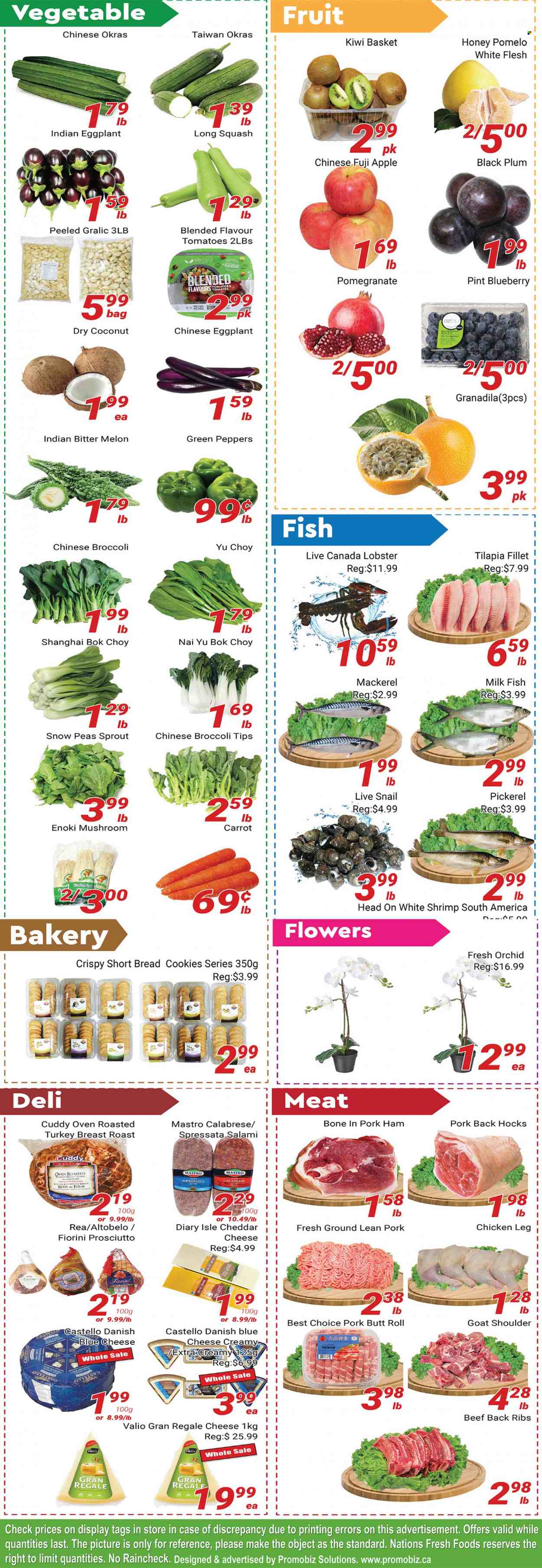 thumbnail - Nations Fresh Foods Flyer - December 02, 2022 - December 08, 2022 - Sales products - mushrooms, bread, bok choy, broccoli, tomatoes, peas, peppers, eggplant, Fuji apple, coconut, melons, pomegranate, pomelo, black plums, lobster, mackerel, tilapia, fish, shrimps, walleye, salami, ham, prosciutto, blue cheese, cheddar, cheese, snow peas, cookies, honey, chicken legs, kiwi, chinese broccoli. Page 2.