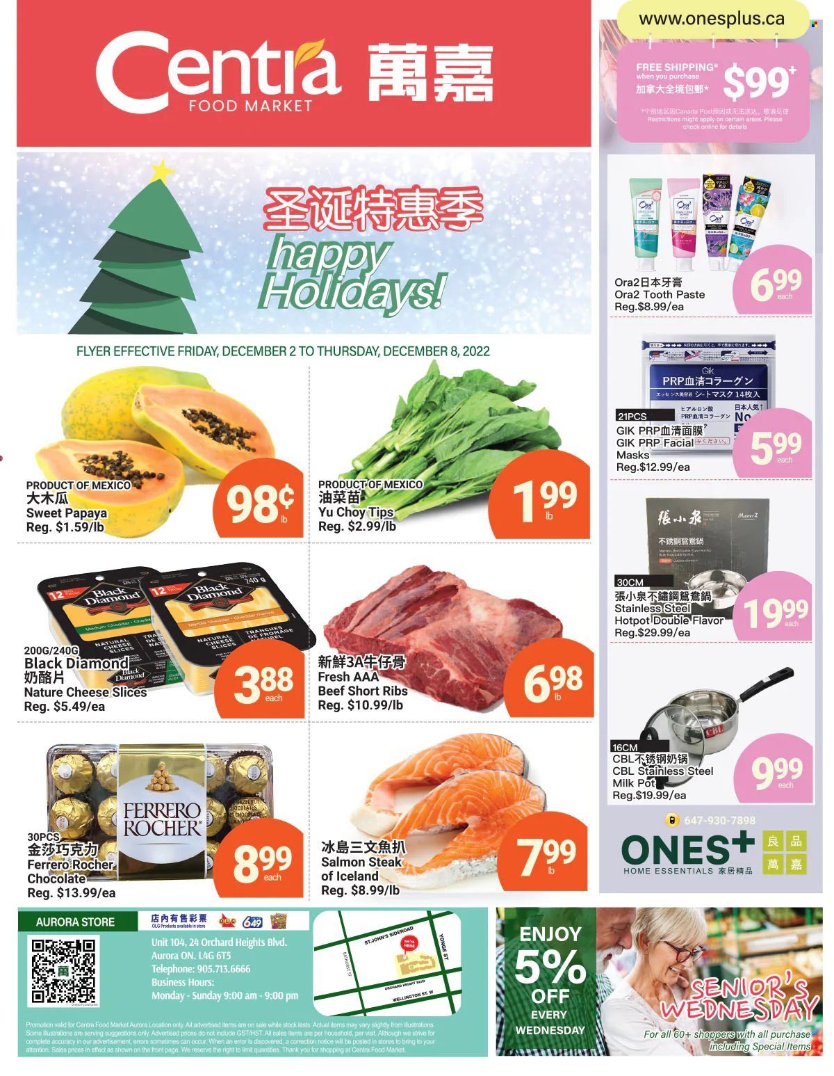 thumbnail - Centra Food Market Flyer - December 02, 2022 - December 08, 2022 - Sales products - papaya, salmon, sliced cheese, cheddar, cheese, milk, chocolate, beef ribs, toothpaste, pot, steak, Ferrero Rocher. Page 1.