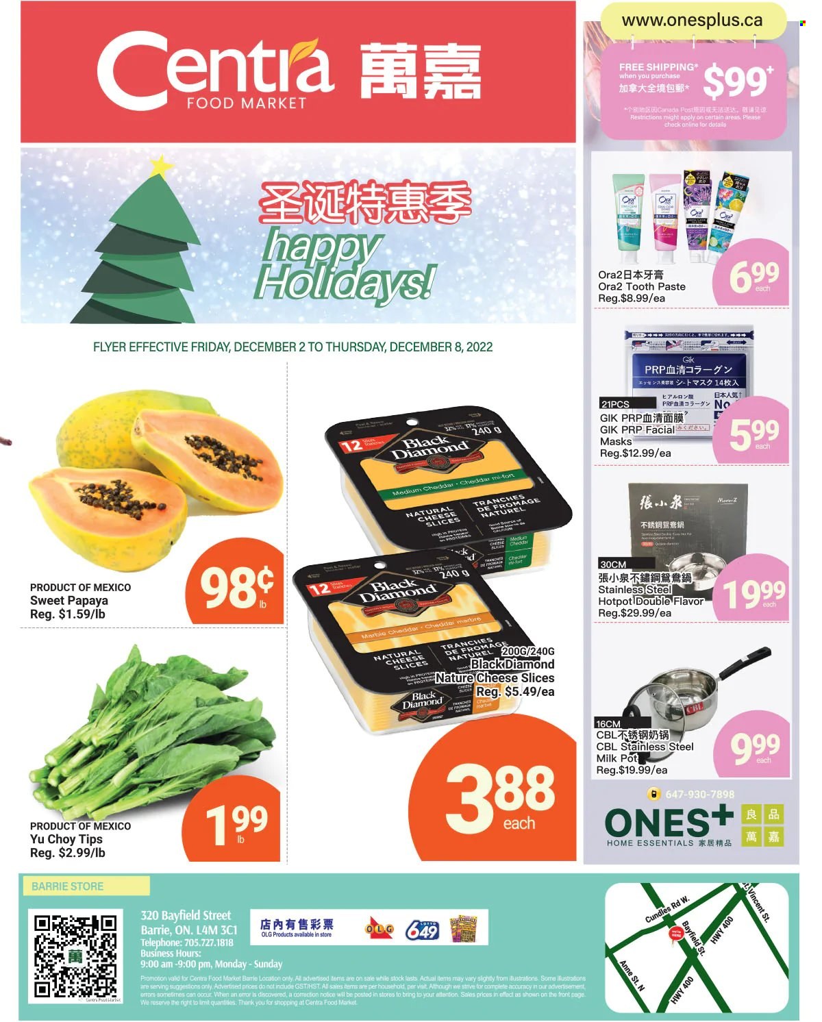 thumbnail - Centra Food Market Flyer - December 02, 2022 - December 08, 2022 - Sales products - papaya, sliced cheese, cheddar, cheese, milk, toothpaste, pot. Page 1.