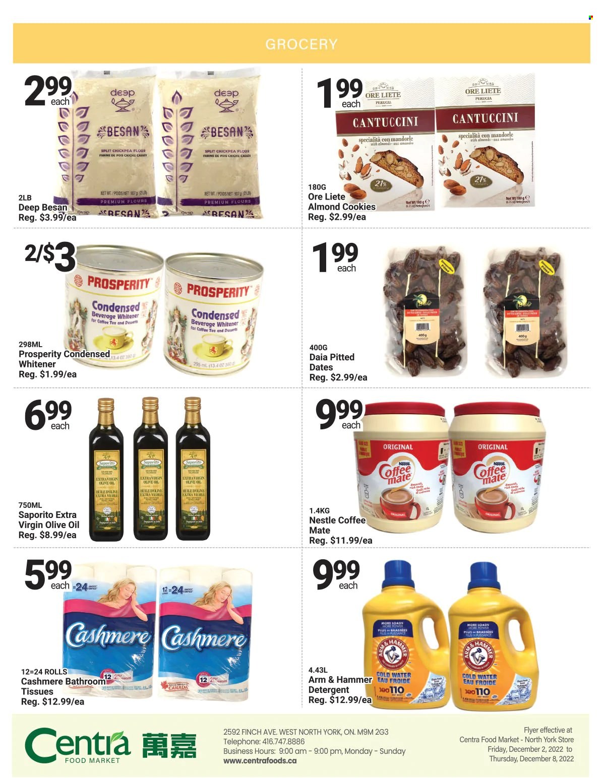 thumbnail - Centra Food Market Flyer - December 02, 2022 - December 08, 2022 - Sales products - Coffee-Mate, cookies, ARM & HAMMER, flour, gram flour, extra virgin olive oil, olive oil, oil, dried fruit, dried dates, toilet paper, tissues, detergent, Nestlé. Page 4.