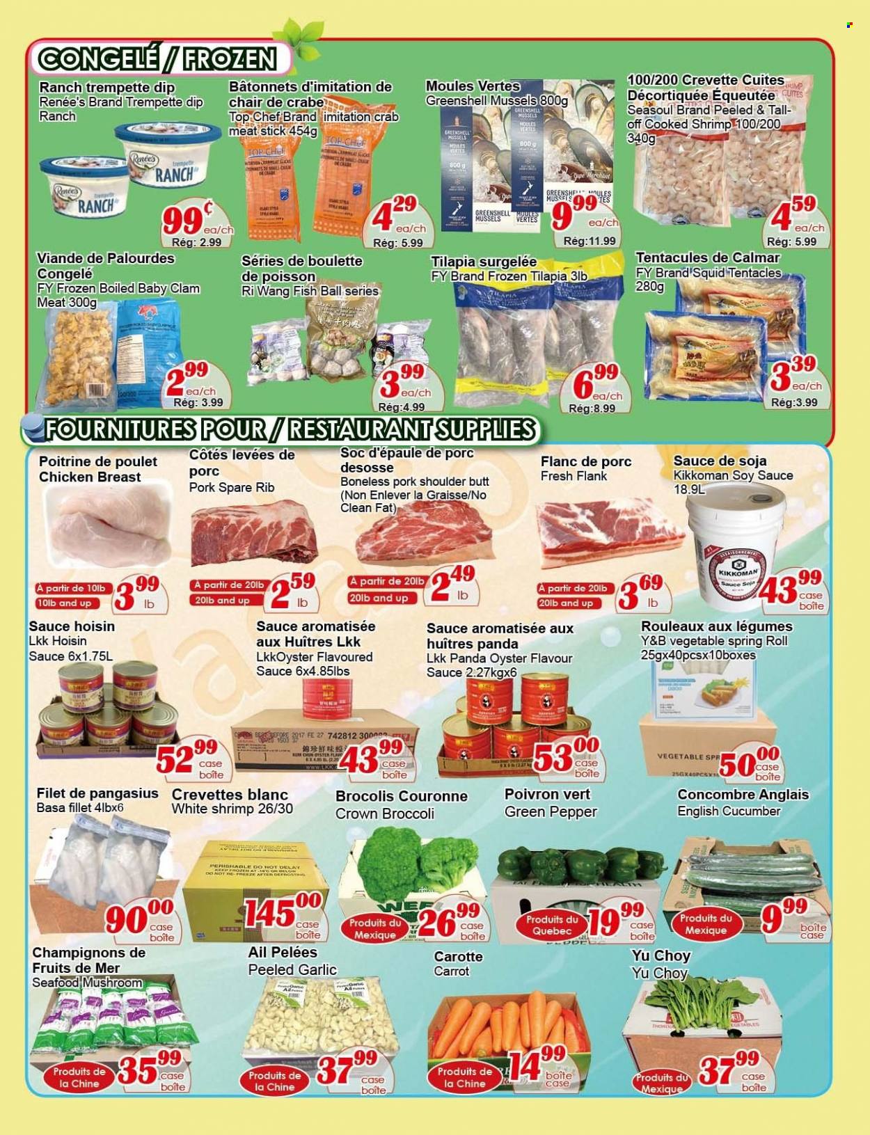 thumbnail - Marché C&T Flyer - December 01, 2022 - December 07, 2022 - Sales products - mushrooms, broccoli, garlic, green pepper, clams, crab meat, mussels, squid, tilapia, pangasius, oysters, seafood, crab, shrimps, sauce, dip, soy sauce, hoisin sauce, Kikkoman, tea, chicken breasts, chicken, pork meat, pork shoulder. Page 3.