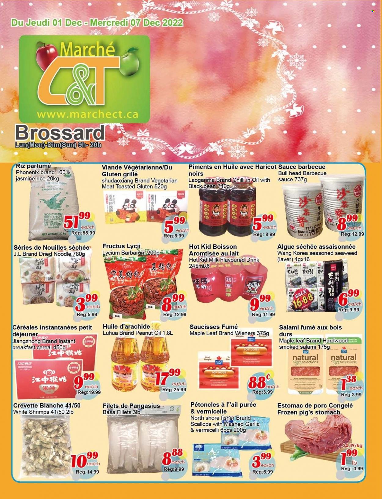 thumbnail - Marché C&T Flyer - December 01, 2022 - December 07, 2022 - Sales products - scallops, pangasius, shrimps, noodles, salami, milk, seaweed, cereals, rice, jasmine rice, spice, BBQ sauce, peanut oil, Laoganma. Page 1.
