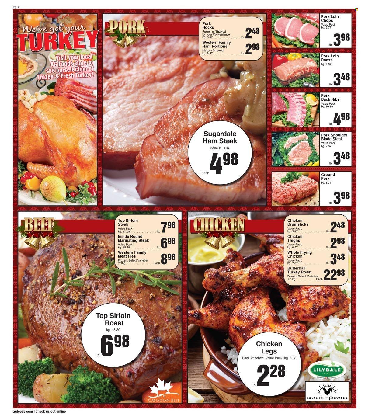 thumbnail - AG Foods Flyer - December 04, 2022 - December 10, 2022 - Sales products - turkey roast, Sugardale, Butterball, ham, ham steaks, chicken legs, chicken thighs, chicken drumsticks, chicken, beef sirloin, sirloin steak, ground pork, pork hock, pork chops, pork loin, pork meat, pork ribs, pork shoulder, pork back ribs, steak. Page 2.