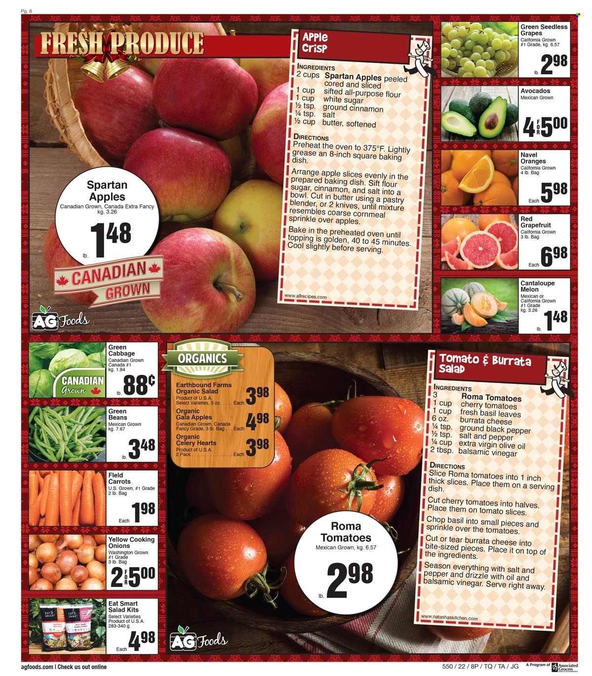 thumbnail - AG Foods Flyer - December 04, 2022 - December 10, 2022 - Sales products - cantaloupe, green beans, tomatoes, onion, sleeved celery, apples, avocado, Gala, grapefruits, grapes, seedless grapes, oranges, melons, navel oranges, cheese, butter, flour, sugar, topping, cinnamon, balsamic vinegar, extra virgin olive oil, vinegar, olive oil. Page 8.