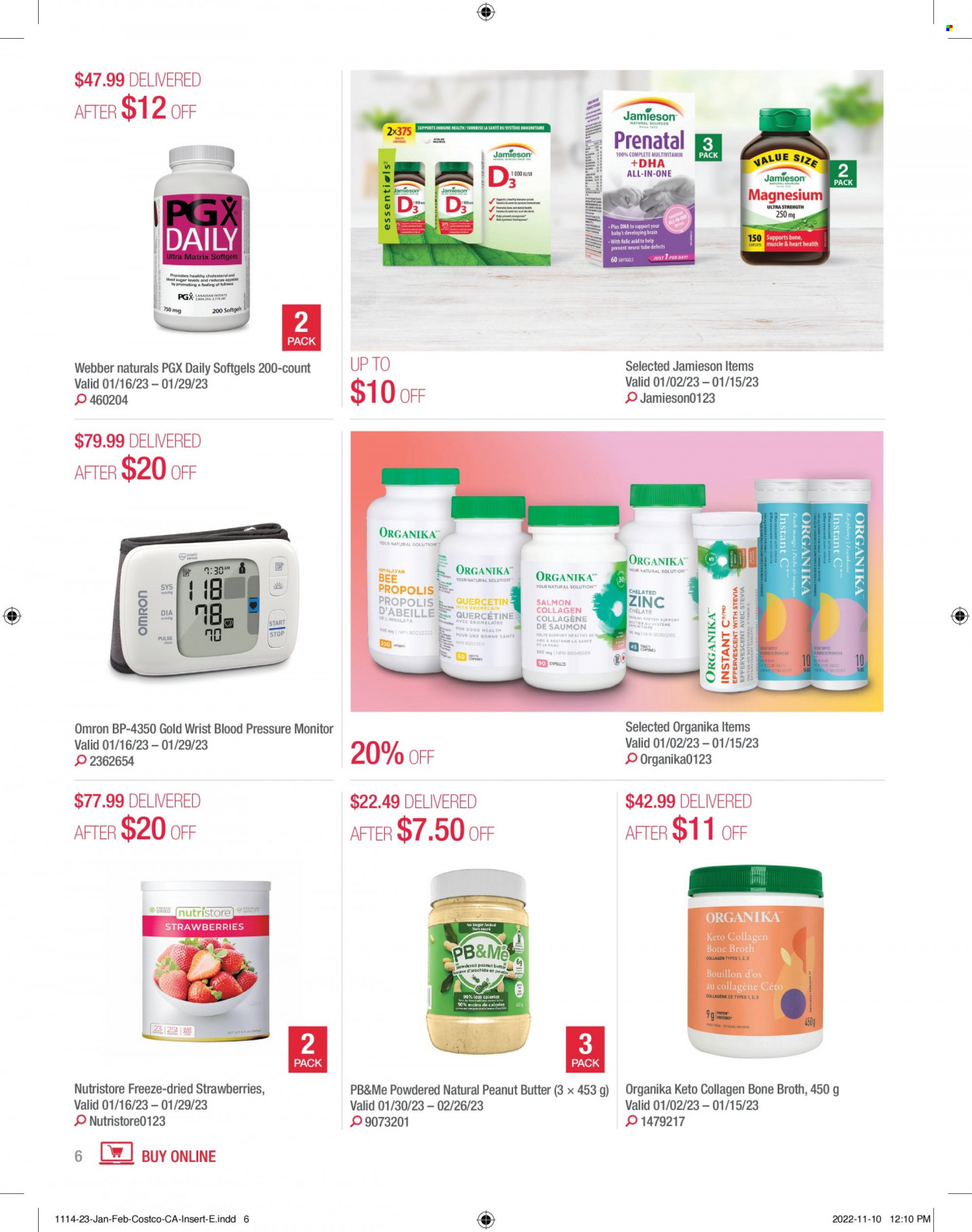 thumbnail - Costco Flyer - January 01, 2023 - February 28, 2023 - Sales products - Omron, strawberries, bouillon, broth, stevia, peanut butter, pressure monitor, table, Prenatal, magnesium, multivitamin, zinc. Page 6.