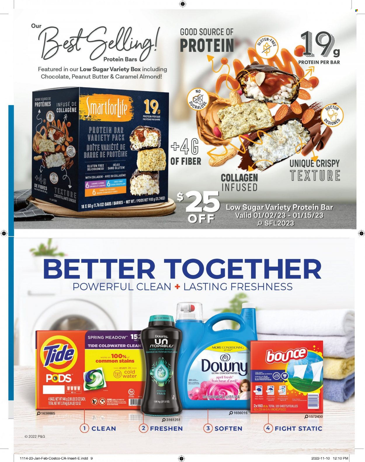 thumbnail - Costco Flyer - January 01, 2023 - February 28, 2023 - Sales products - protein bar, caramel, peanut butter, Tide, Bounce, dryer sheets, eau de parfum, bag, detergent. Page 9.