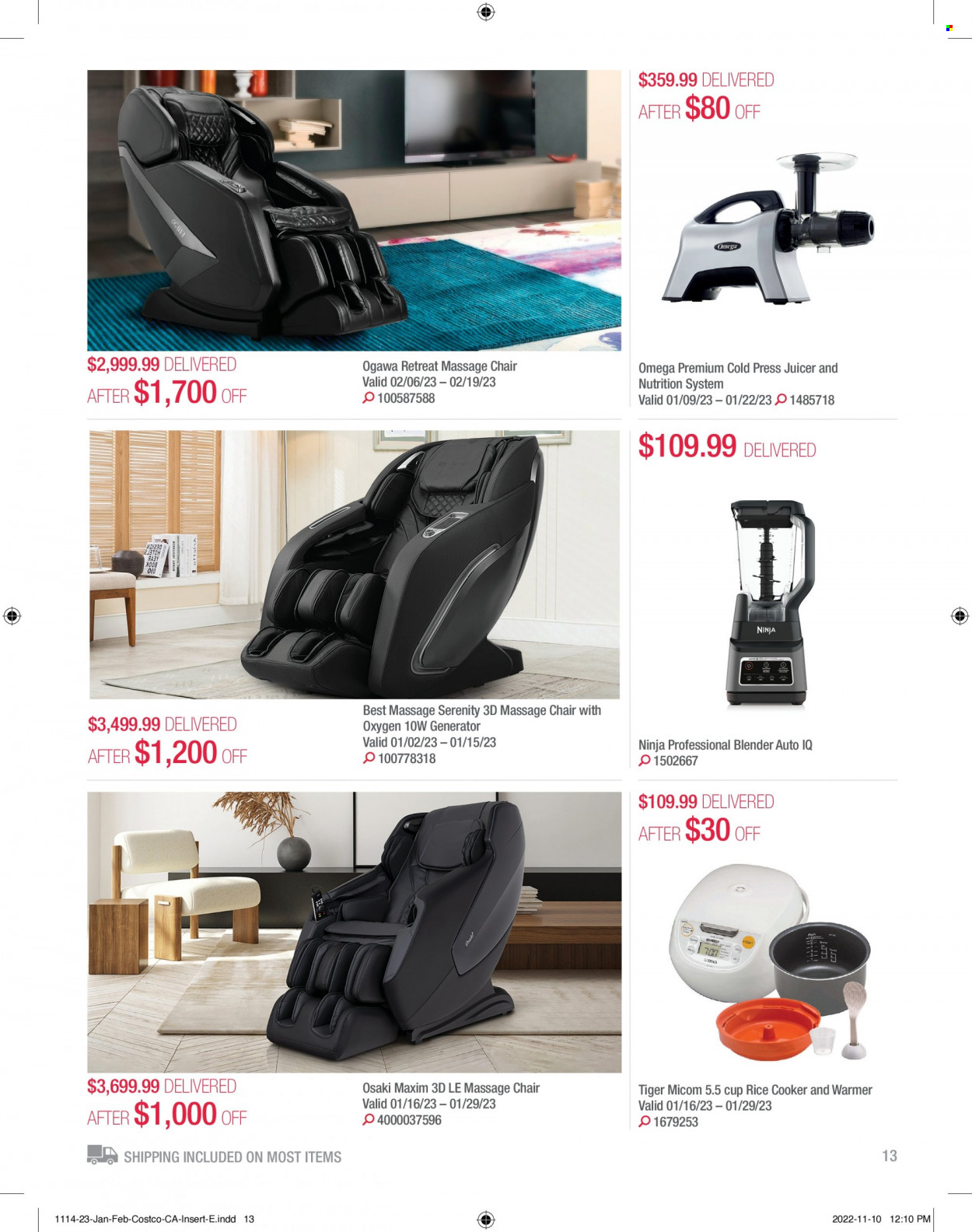 thumbnail - Costco Flyer - January 01, 2023 - February 28, 2023 - Sales products - chair, rice cooker, cup, juicer, massage chair, generator, blender. Page 13.