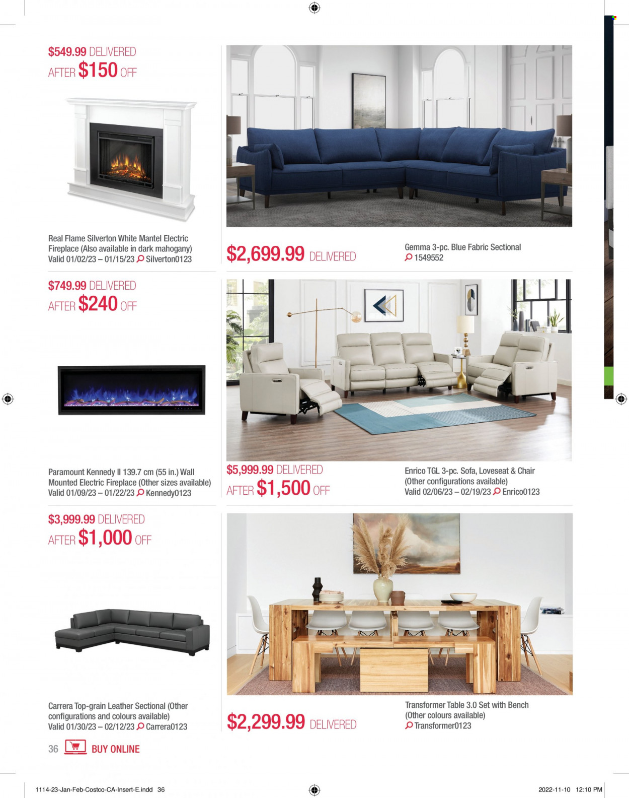 thumbnail - Costco Flyer - January 01, 2023 - February 28, 2023 - Sales products - chair, table, bench, loveseat, sofa, Carrera, fireplace, electric fireplace. Page 36.